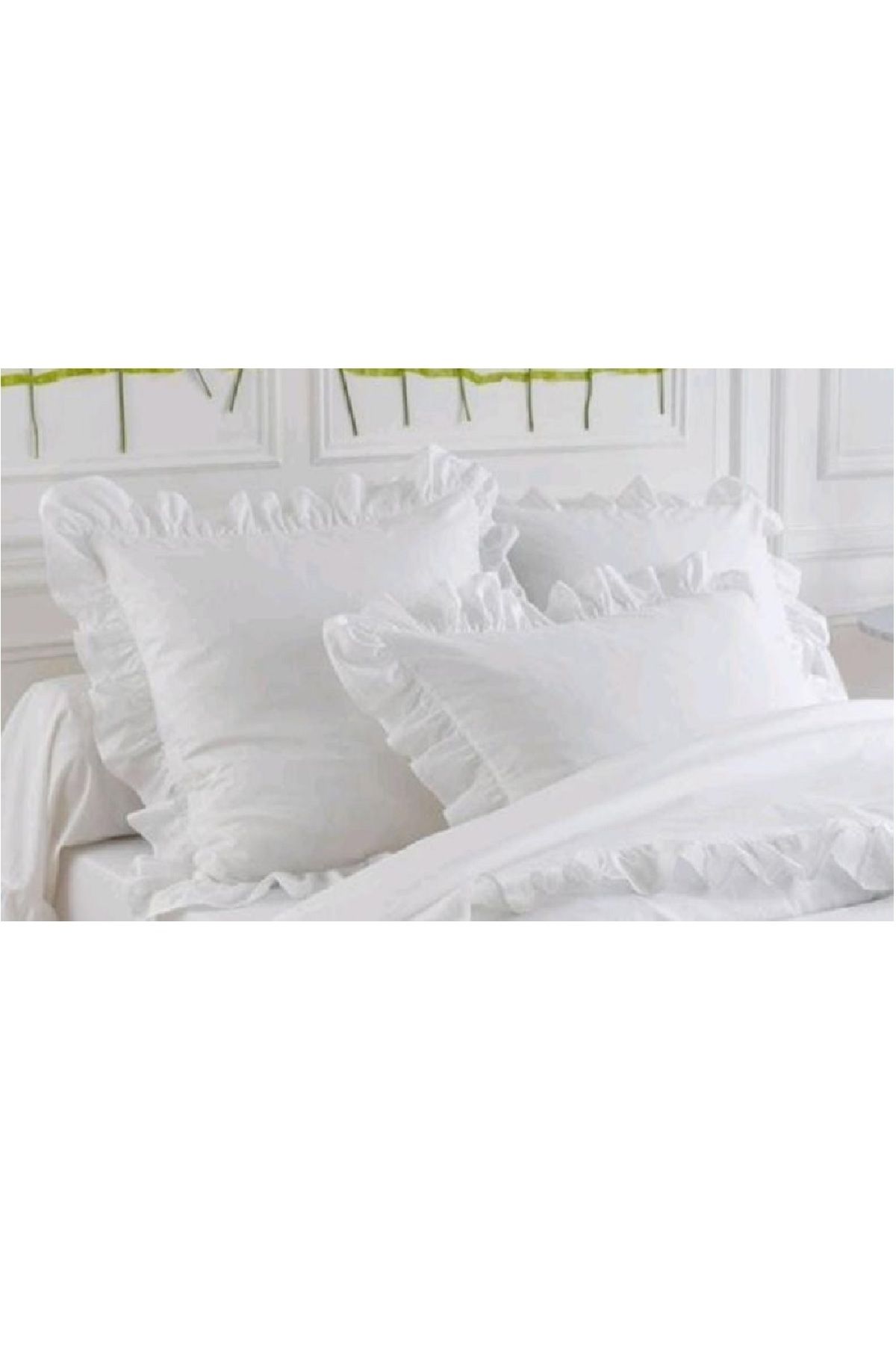 makiteks Yüzde yüz pamuklu fırfır süs dikişli ikili yastık kılıf seti beyaz