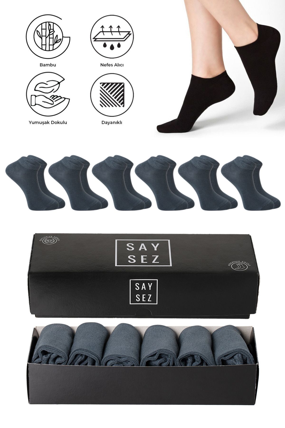 SAYSEZ Bambu Erkek Patik Düz Füme Çorap Dikişsiz Premium Kutulu 6'lı