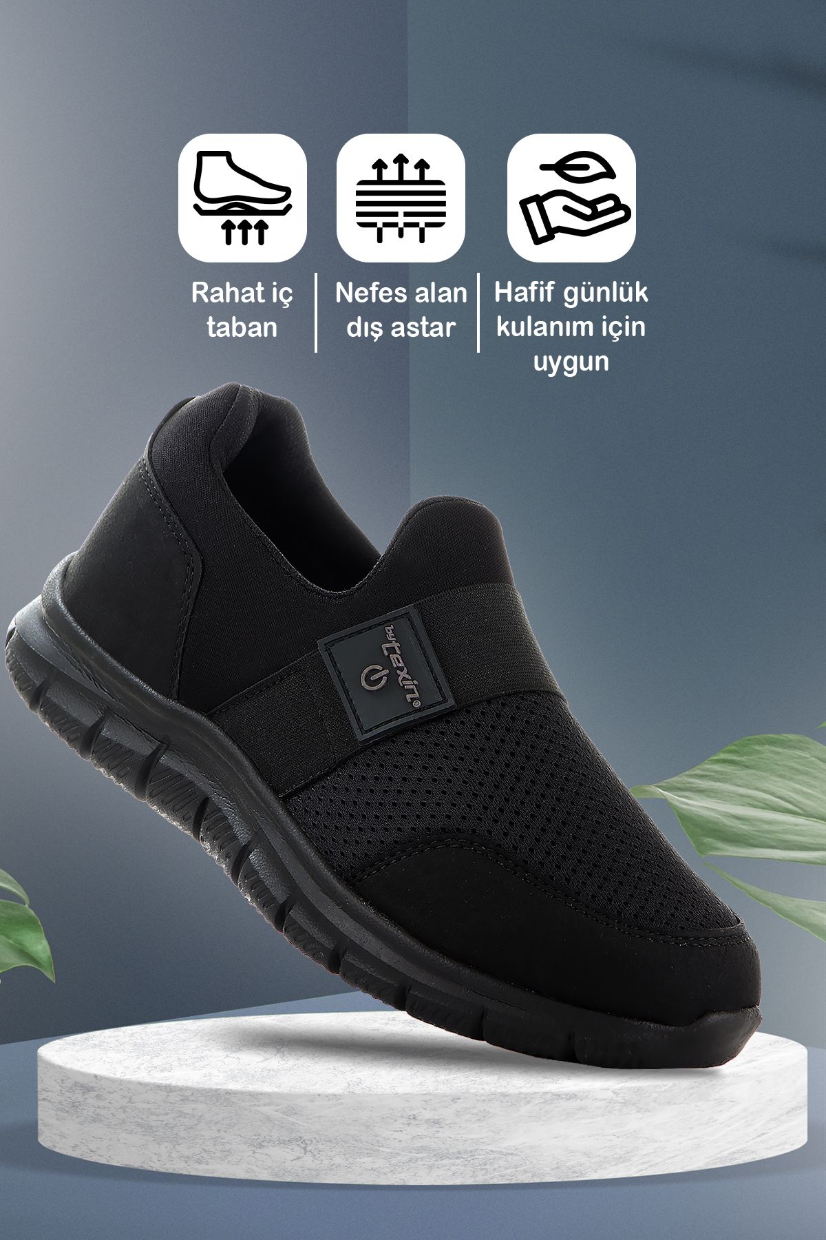 Vojo Flex Anatomik Rahat Hafif Taban Fileli Nefes Alabilen Bağcıksız Siyah Erkek Spor Ayakkabı Sneaker