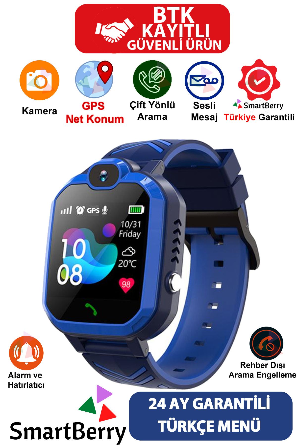Smartberry Q20 GPS Konumlu Akıllı Çocuk Takip Saati Sim Kartlı Arama, Kameralı, Gizli Dinleme Özellikli - Mavi