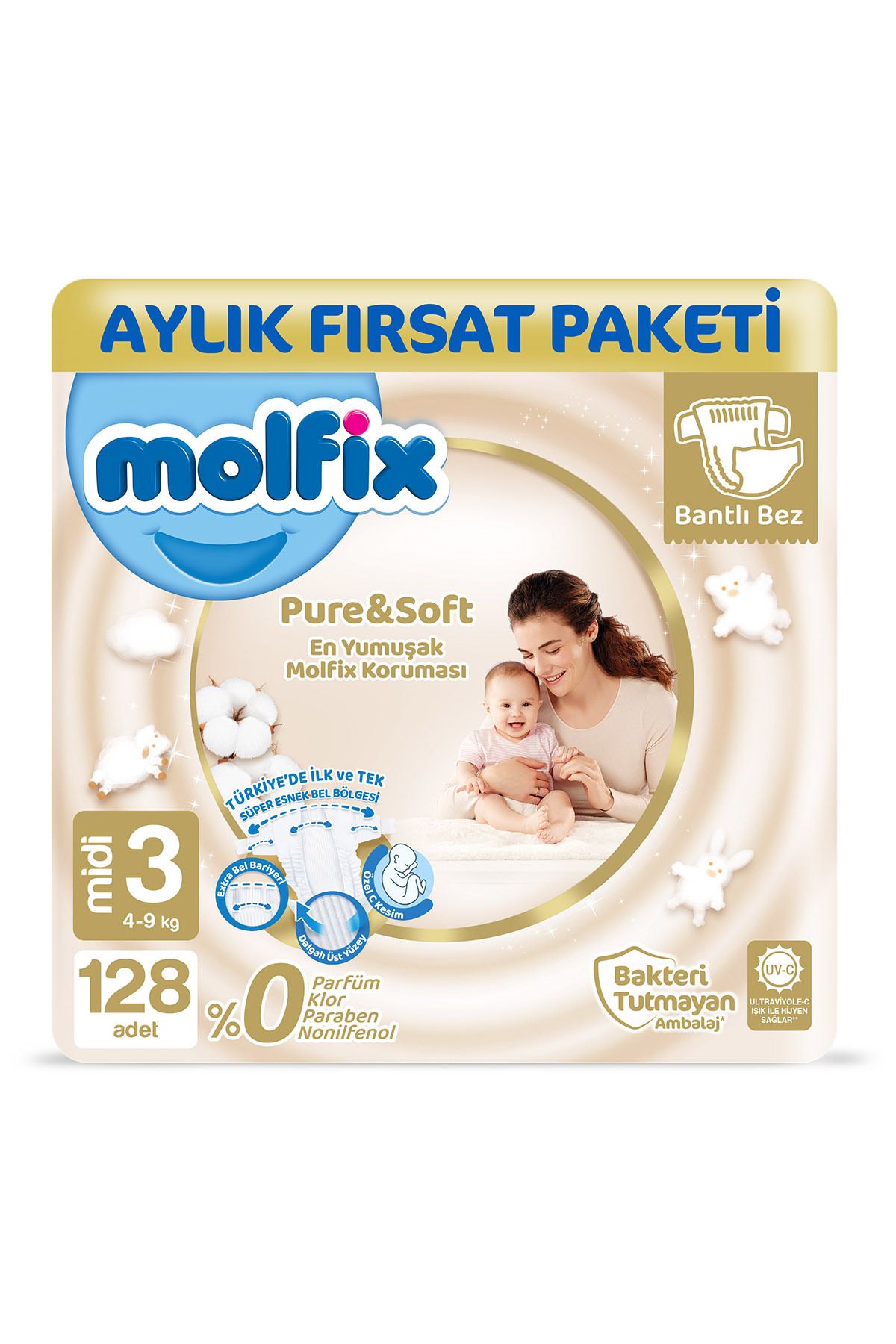 Molfix Pure&Soft 3 Beden Midi Aylık Fırsat Paketi 128 Adet