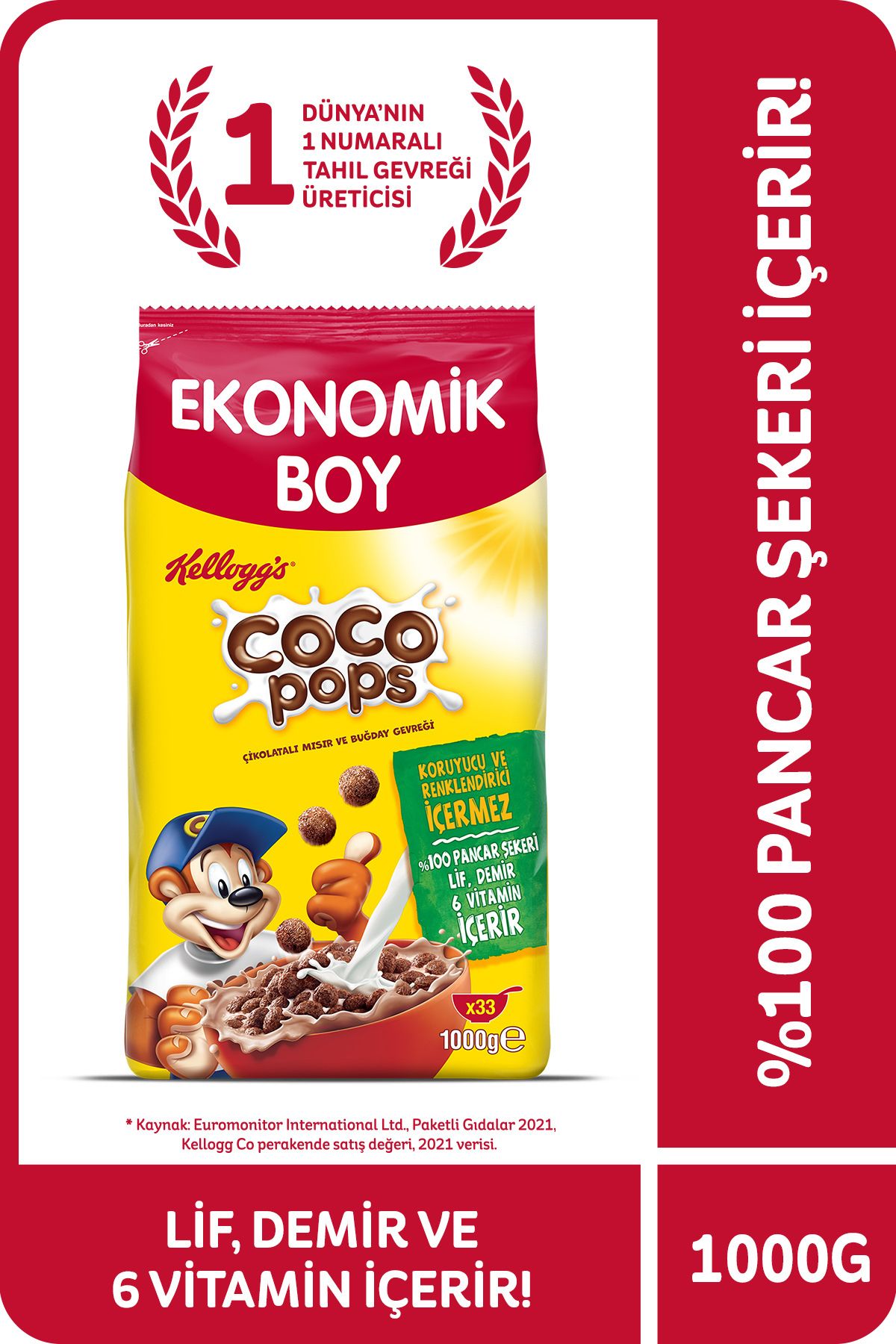 Kellogg's Coco Pops Çikolatalı Buğday Ve Mısır Gevreği 1000 Gr, Lif,demir Ve 6 Vitamin Içerir