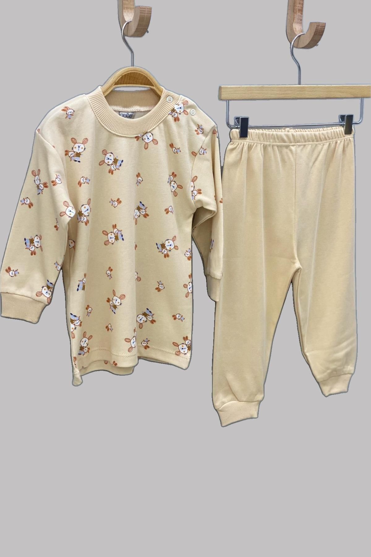Sebi Bebe Mojo Erkek Bebek Tavşan Desenli Pijama Takımı 2419 Bej