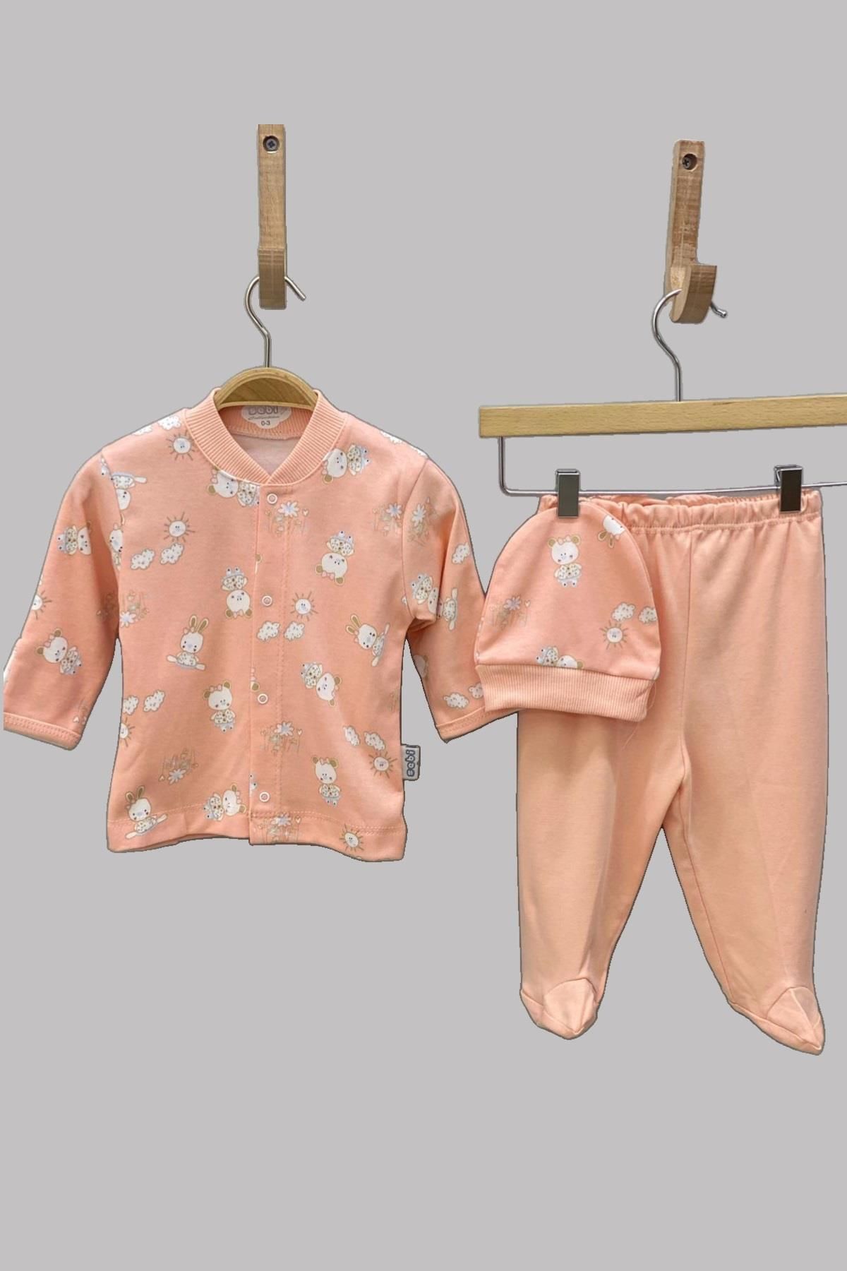 Sebi Bebe Mojo Kız Bebek Ayı Desenli Şapkalı Çıtçıtlı Pijama Takımı 2266 Somon