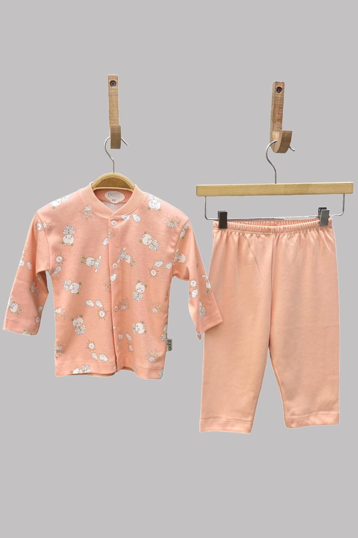 Sebi Bebe Mojo Kız Bebek Tavşan Ve Ayı Desenli Çıtçıtlı Pijama Takımı 2329 Somon