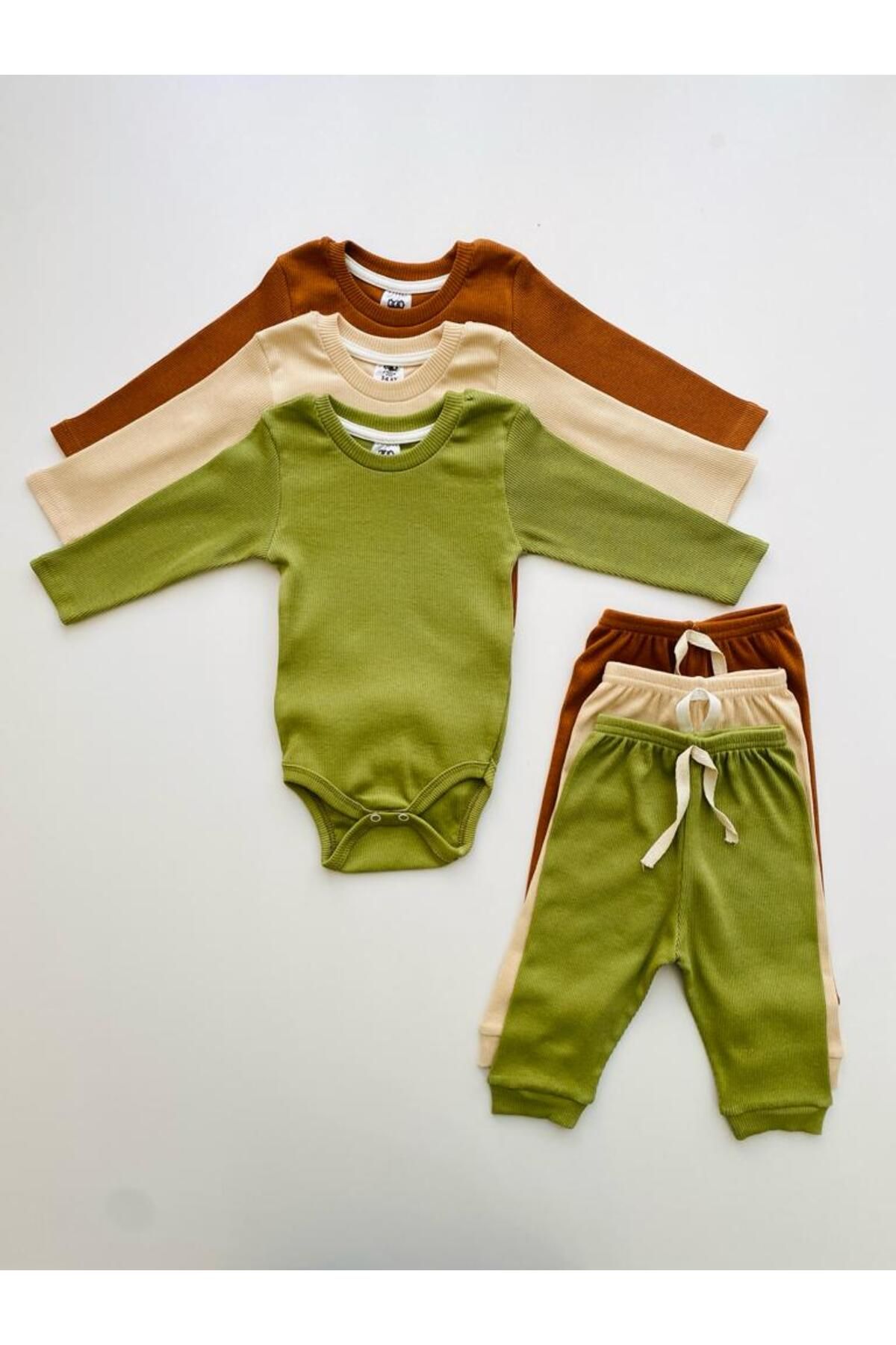 EFU BABY 3'lü %100 Pamuklu Uzun Kol Bebek Body Pantolon Takım