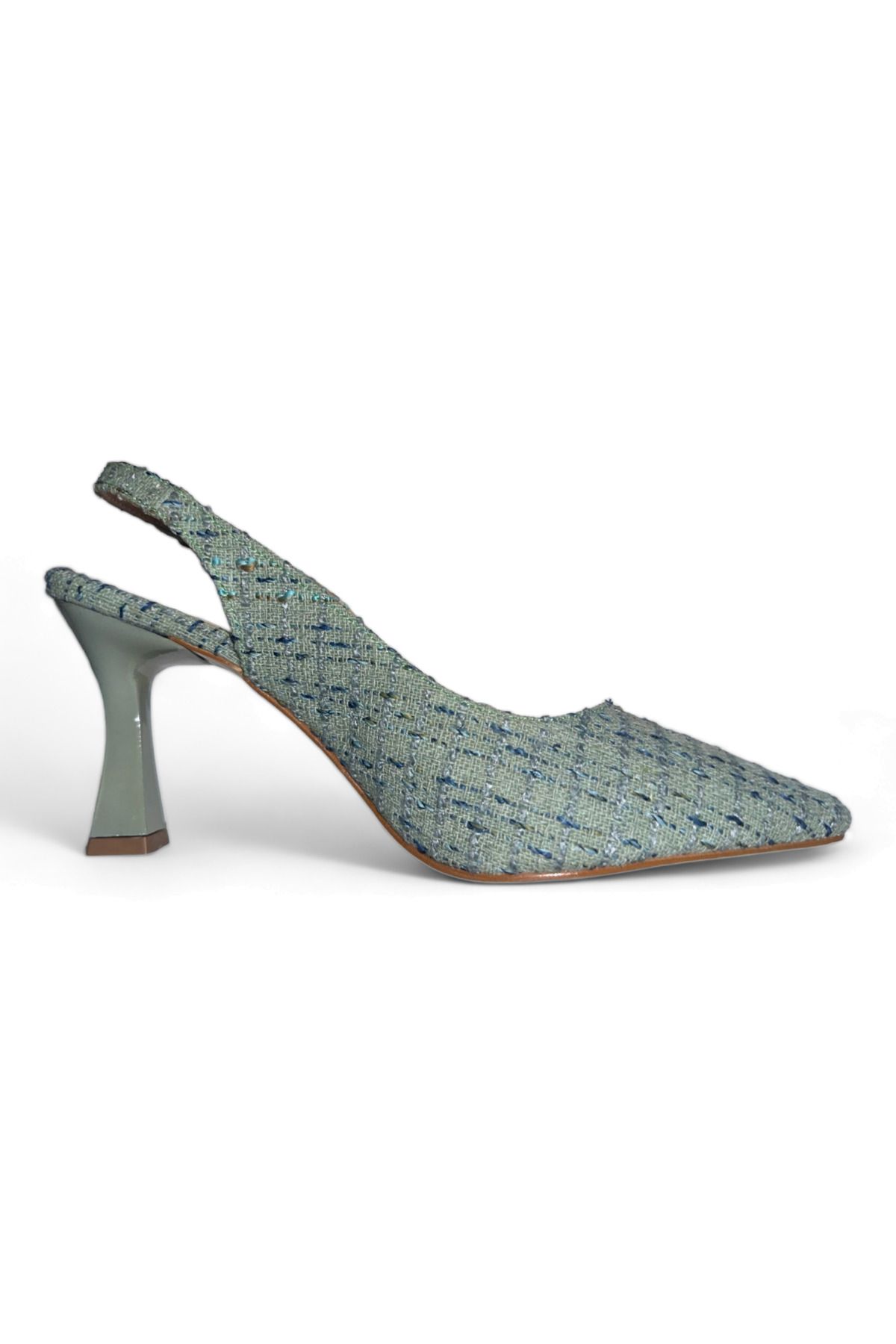WOOW SHOES Kadın Yeşil Sivri Burun Tüvit Kumaş Topuklu Ayakkabı