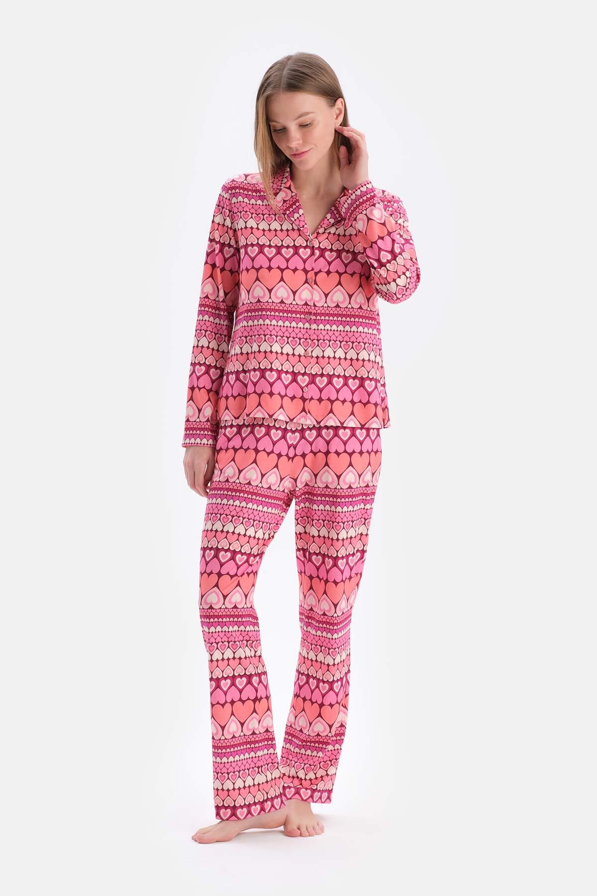 Dagi Multıcolor Kalpli Metraj Baskılı Gömlek Pantolon Pijama Takımı