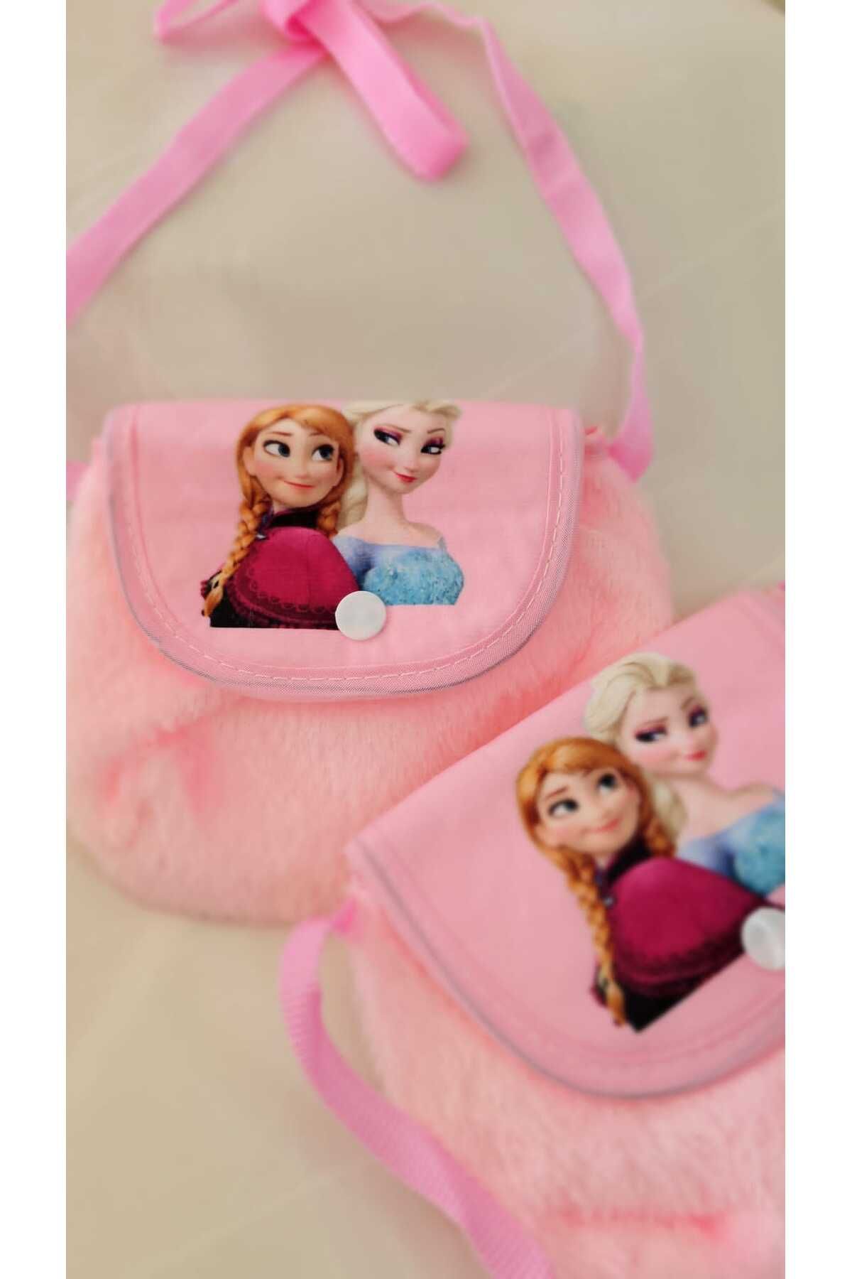 MadeByALM Elsa ve Frozen Baskılı Çanta Pembe Renk Tüylü Postacı modeli Mini Boy Kız Çocuk