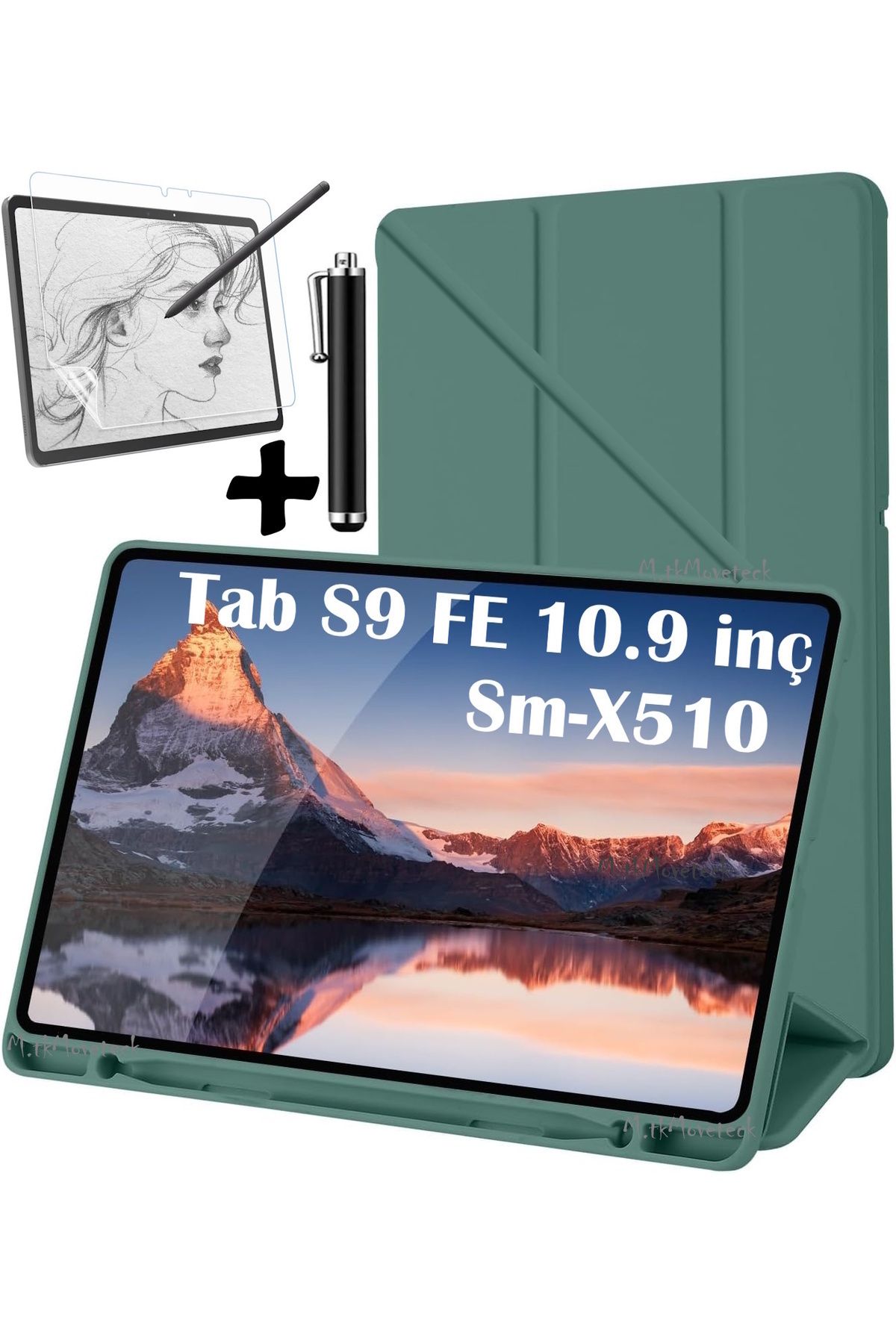 m.tk moveteck Samsung Galaxy Tab S9 Fe 10.9 Inç Sm-x510 Tablet Kılıfı Kalemlikli Silikon Ekran Koruyucu Kalem Set