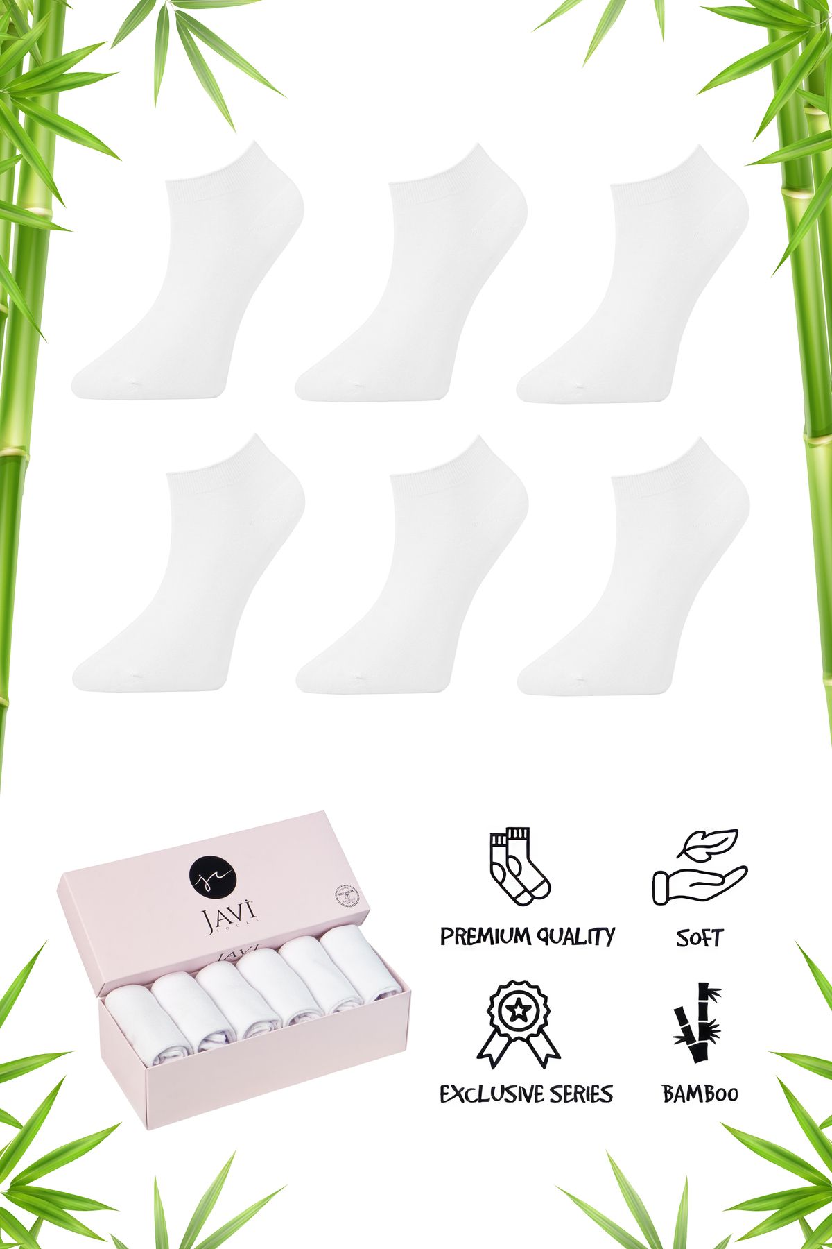 javi Bambu Kadın Patik Çorap Beyaz Dikişsiz Premium Kutulu 6 Adet