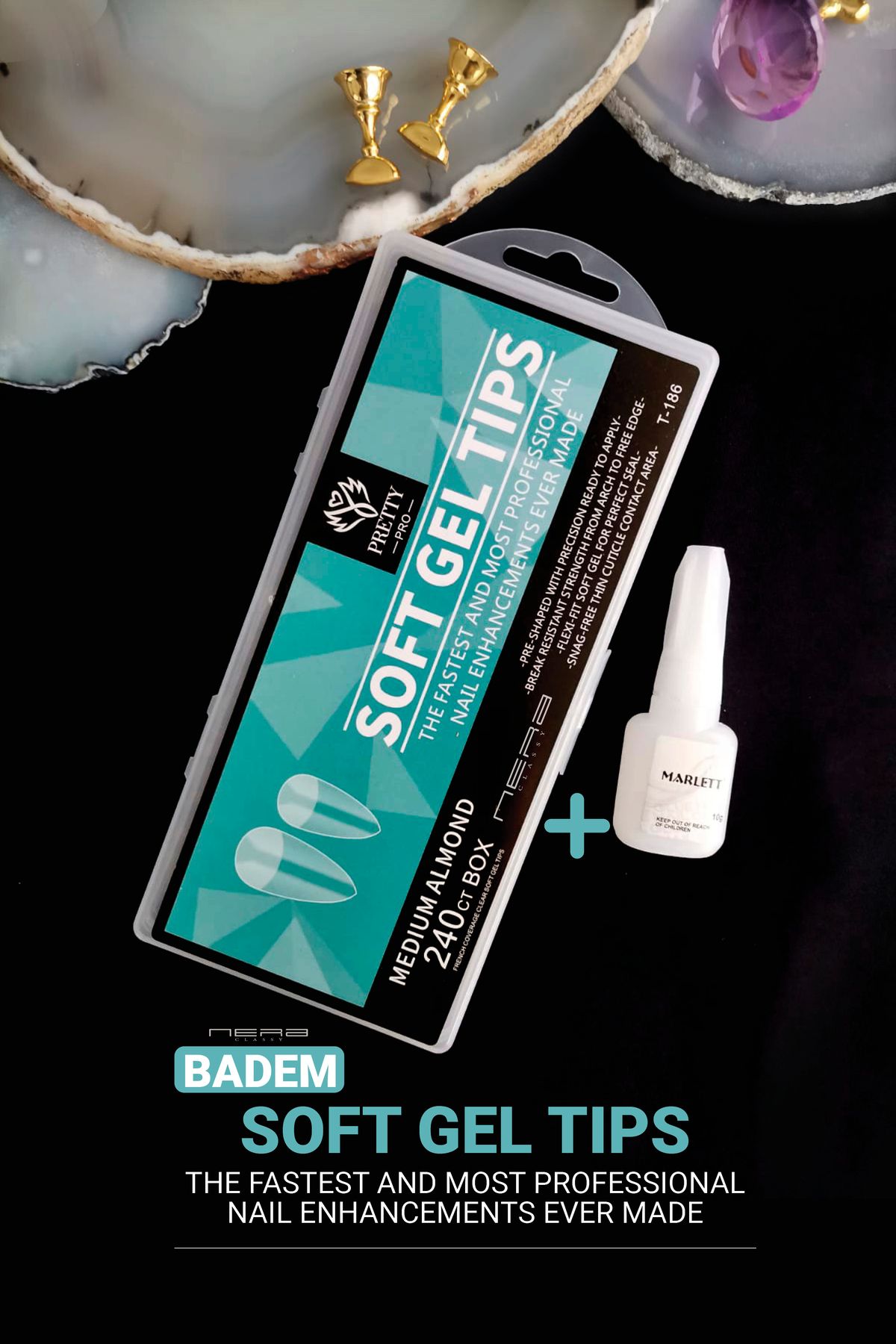 Nera Classy Soft Jel Tips 240 Adet Badem/10 gr Yapıştırıcı, Yeni Nesil Şeffaf Badem Set