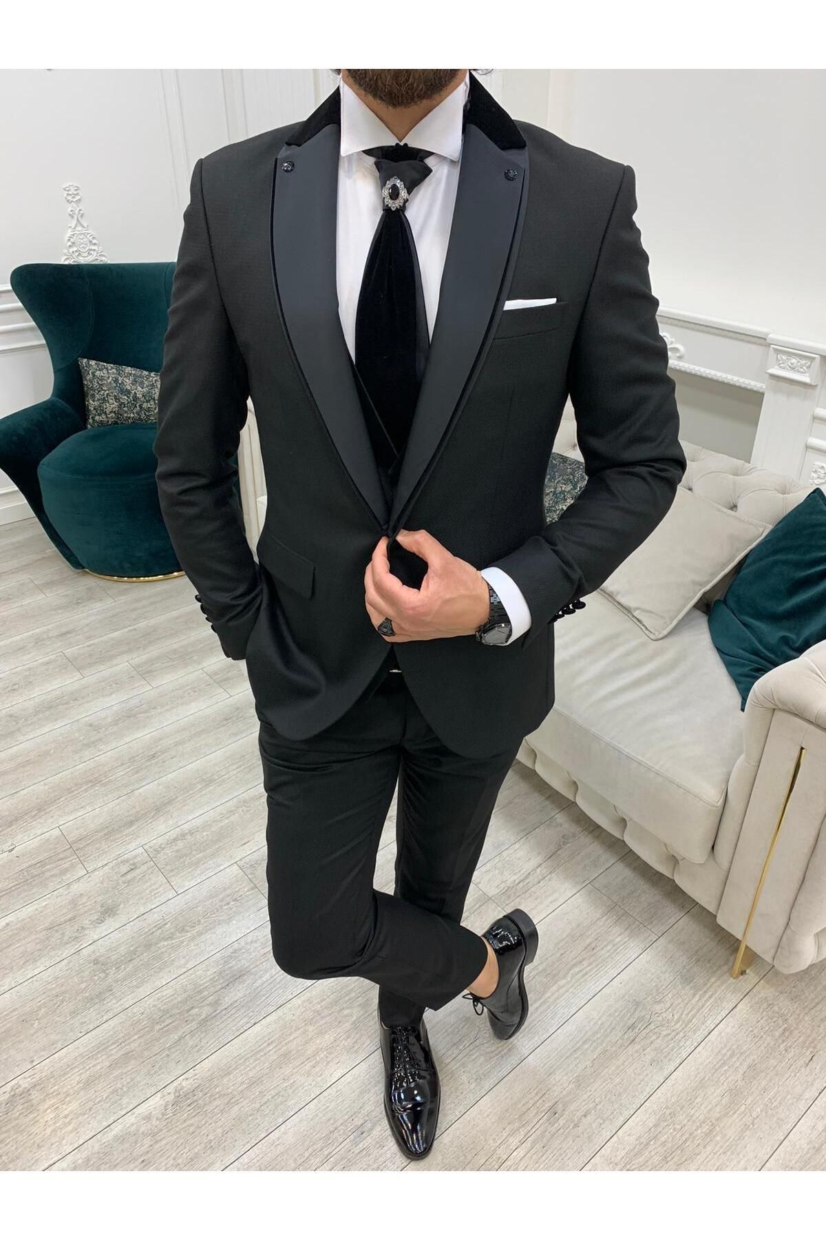 LONATOLİA Erkek Smokin Damatlık Şal Yaka İtalyan Stil Slim Fit Ceket Yelek Pantolon Kravat Papyon-Siyah