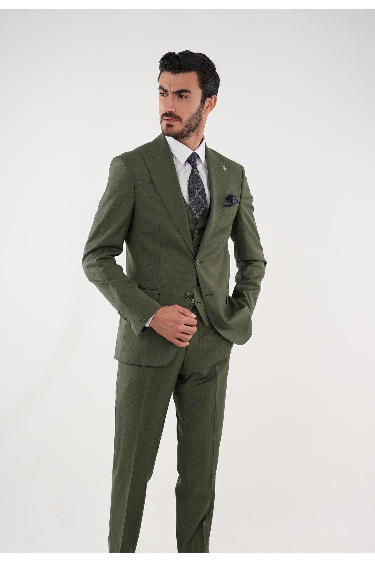 LONATOLİA Erkek Premium Çizgili Takım Elbise İtalyan Kesim Slim Fit Ceket Yelek Pantolon-Haki