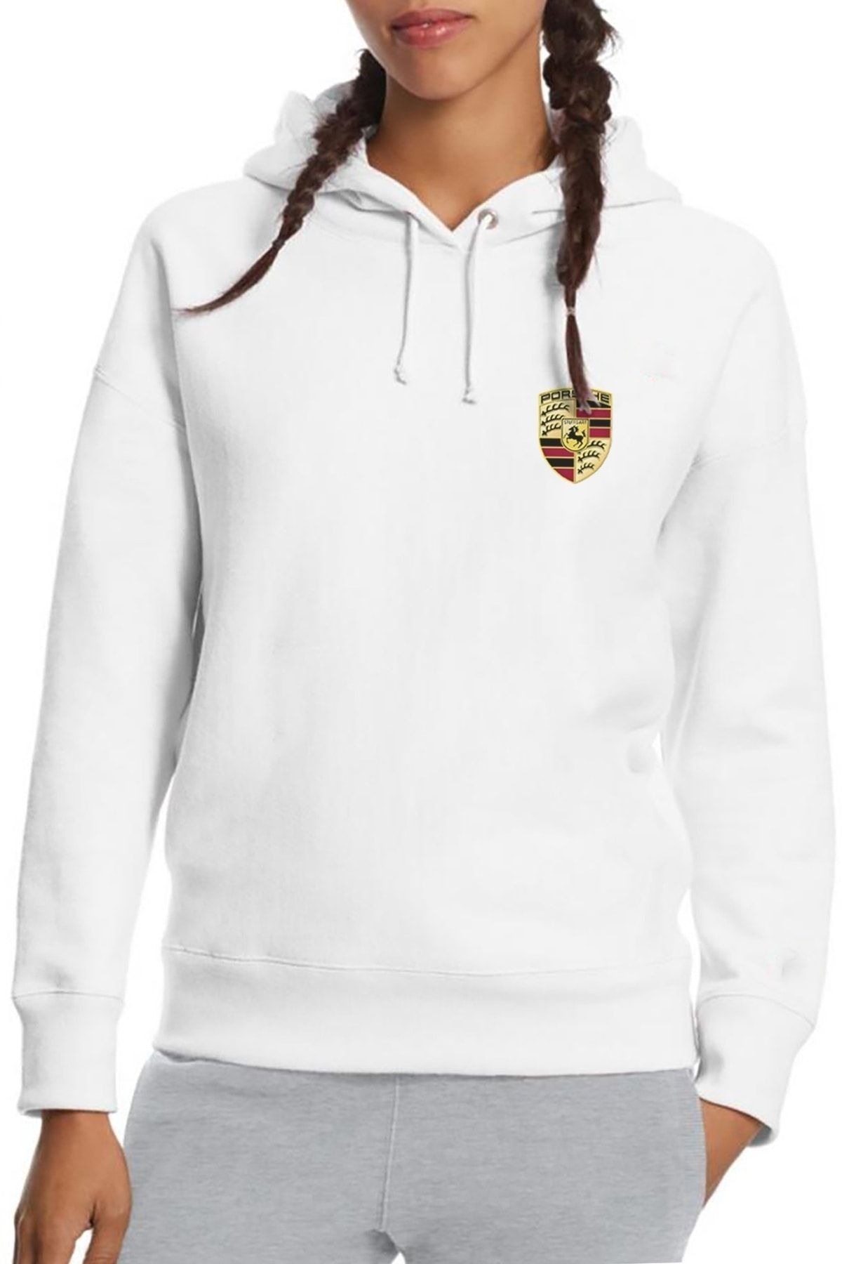 QIVI Porsche Logo Baskılı Beyaz Kadın Örme Kapşonlu Sweatshirt Uzun Kol