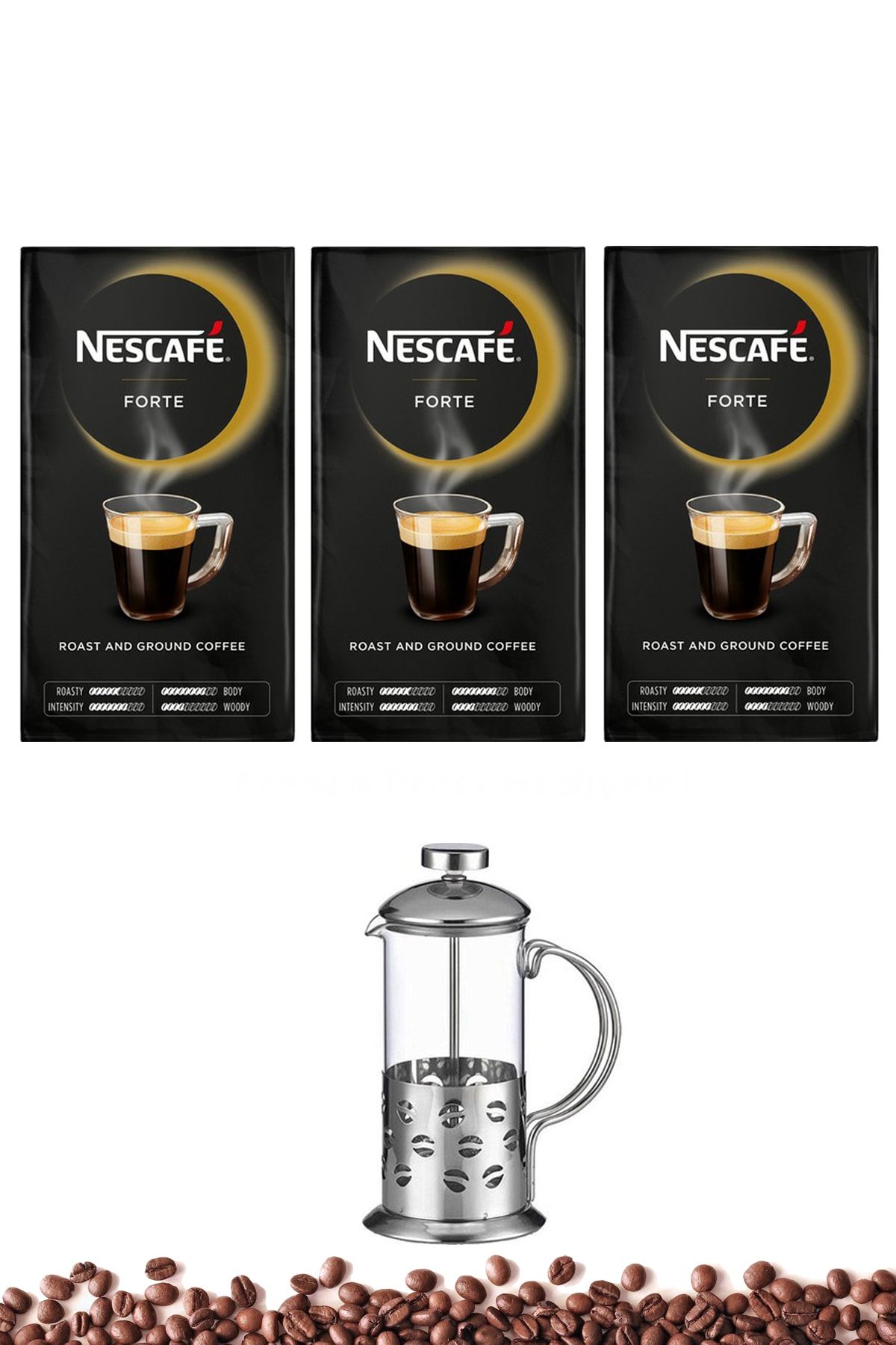 Nescafe Forte Coffee Öğütülmüş Kahve 500gr 3 Adet + French Press