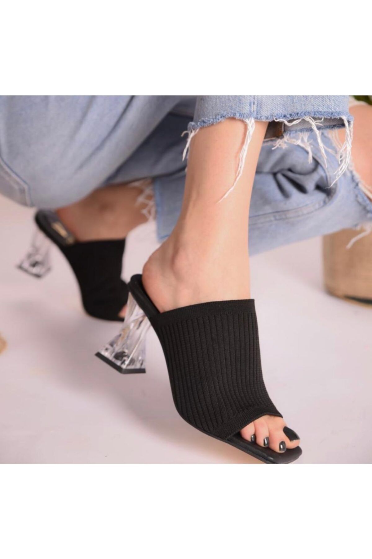 Birol Ayakkabı Kadın Siyah Şeffaf Topuklu Triko Terlik