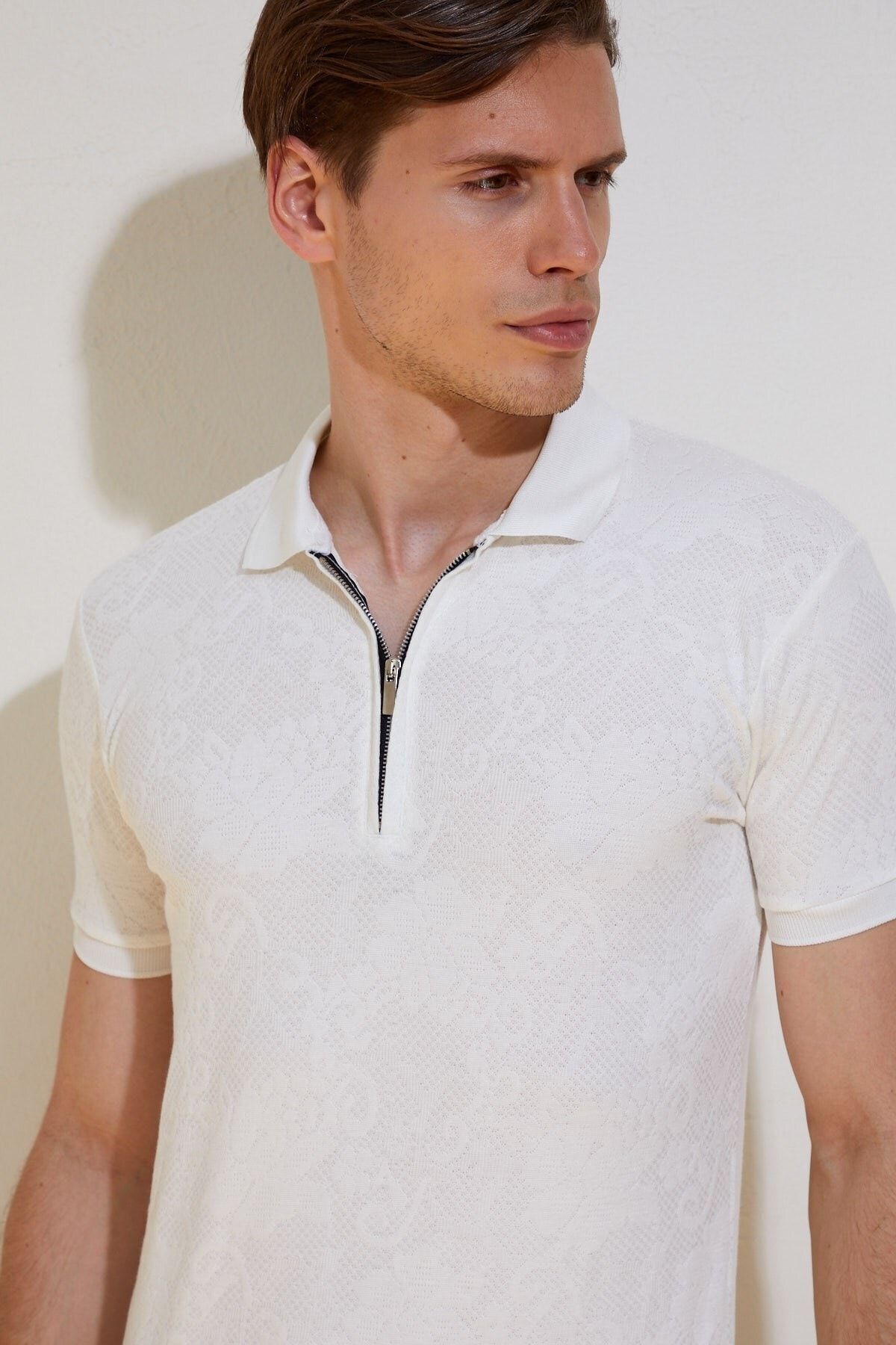 Karpefingo Erkek Beyaz Fermuarlı Polo Yaka T-shirt