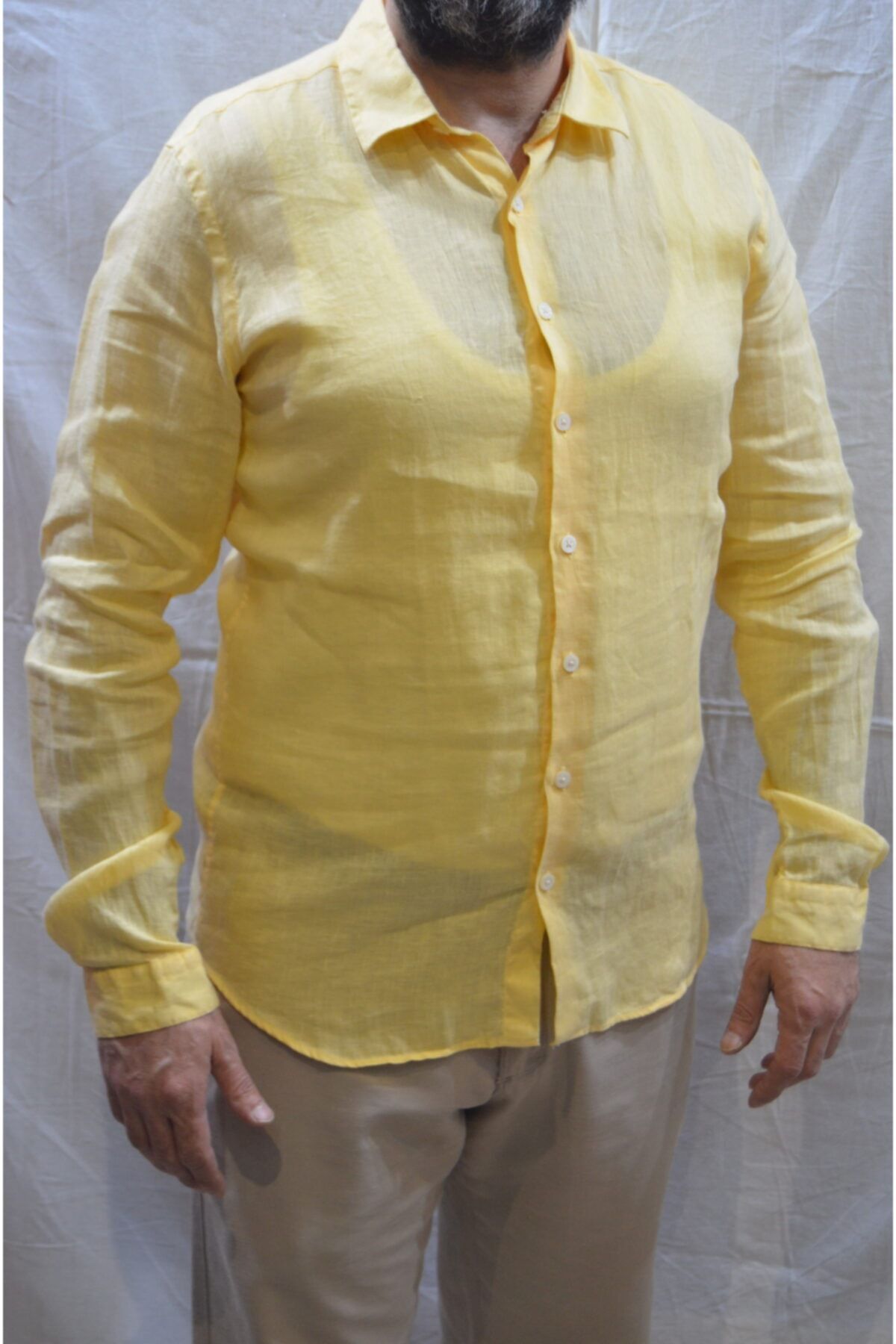 ÖZ NARİN Erkek Sarı Keten Gömlek