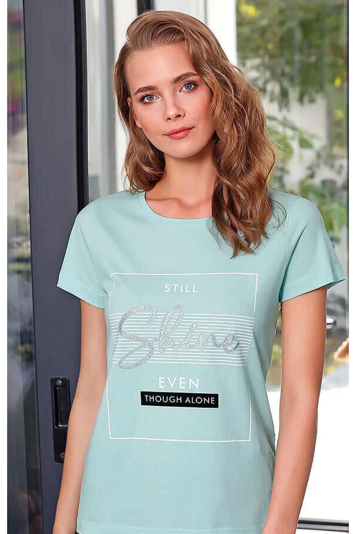 Berrak Kadın Mint Baskılı Kısa Kollu T-shirt 8118