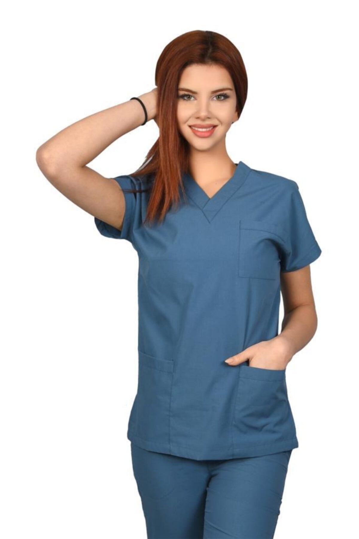 VEHBİ Kadın Doktor Hemşire Forması Scrubs Likralı Esnek Kumaş Hastane Nöbet Tek Üst (v Yaka Dr Greys)