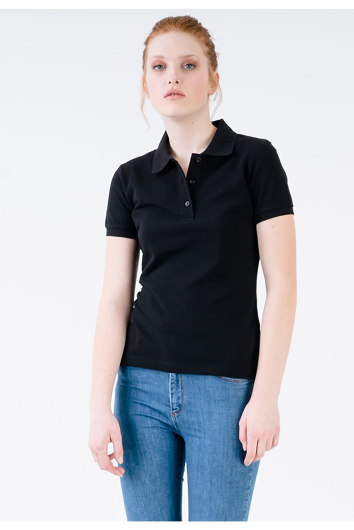 JAHR MARC Kadın Siyah Slim Fit Polo Yaka Yırtmaç Detaylı T-shirt