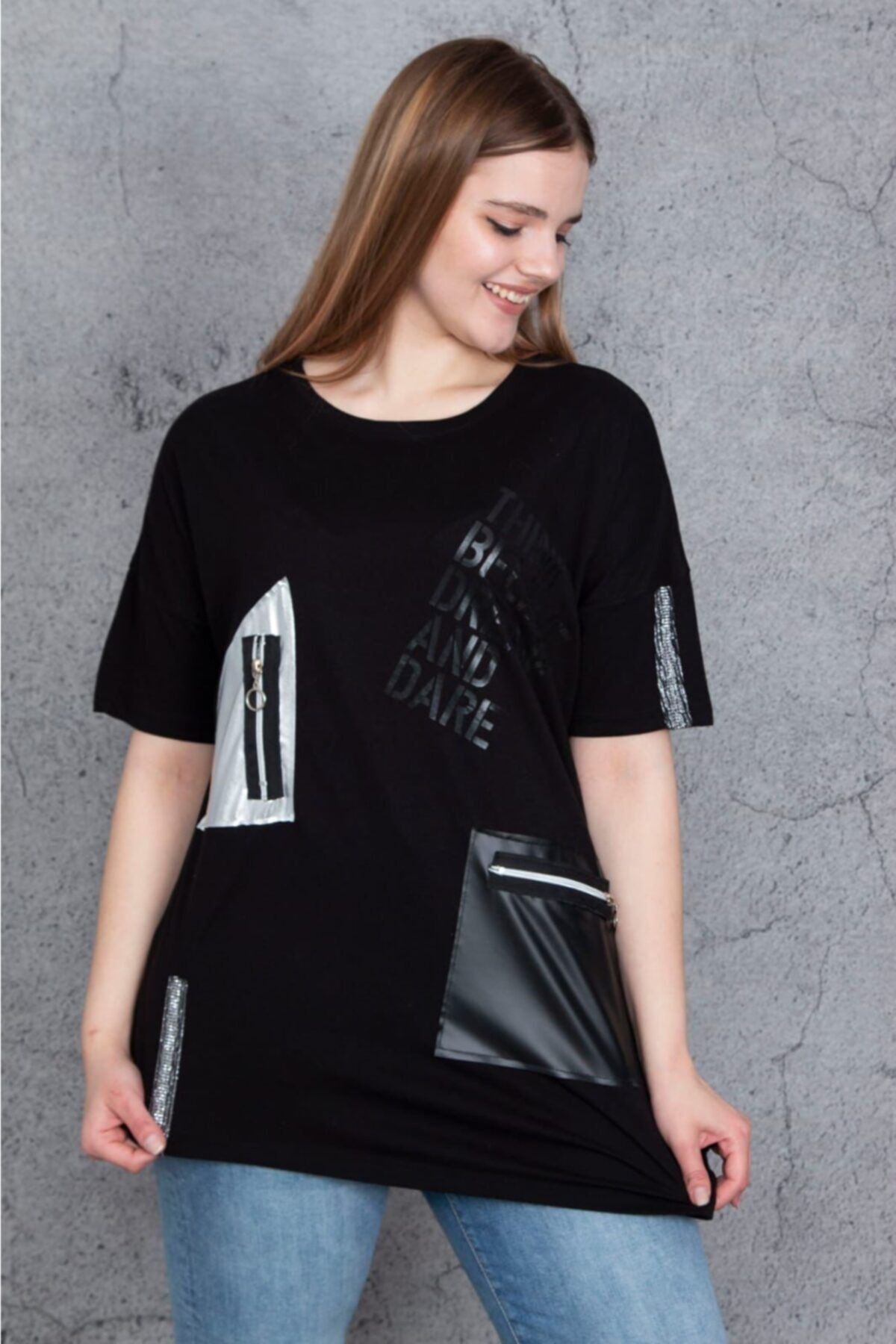 brand no:10 Büyük Beden Cep Detaylı Viskon T-shirt