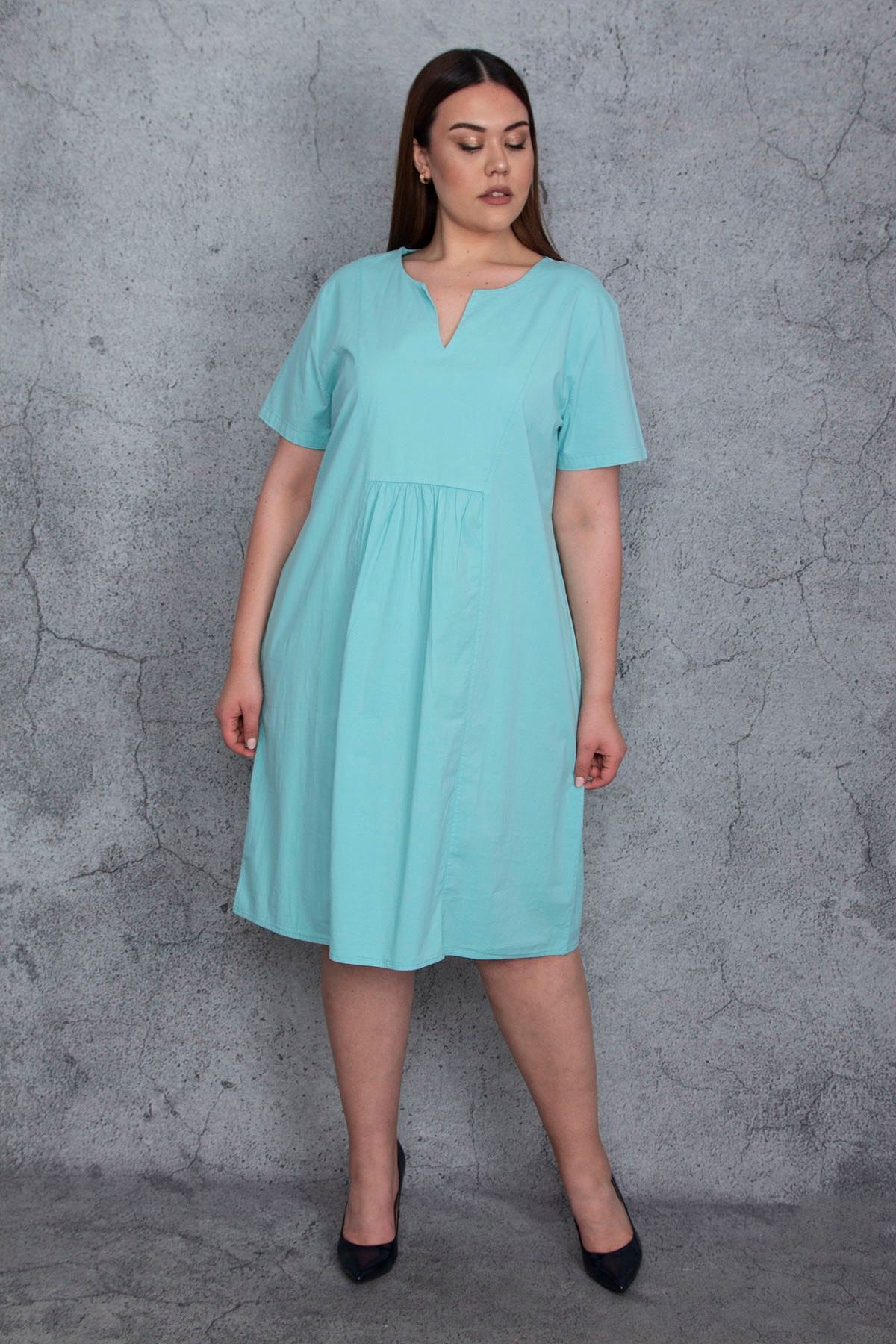 Şans Kadın Büyük Beden Yeşil V Yakalı Kuplu Elbise 65n25556