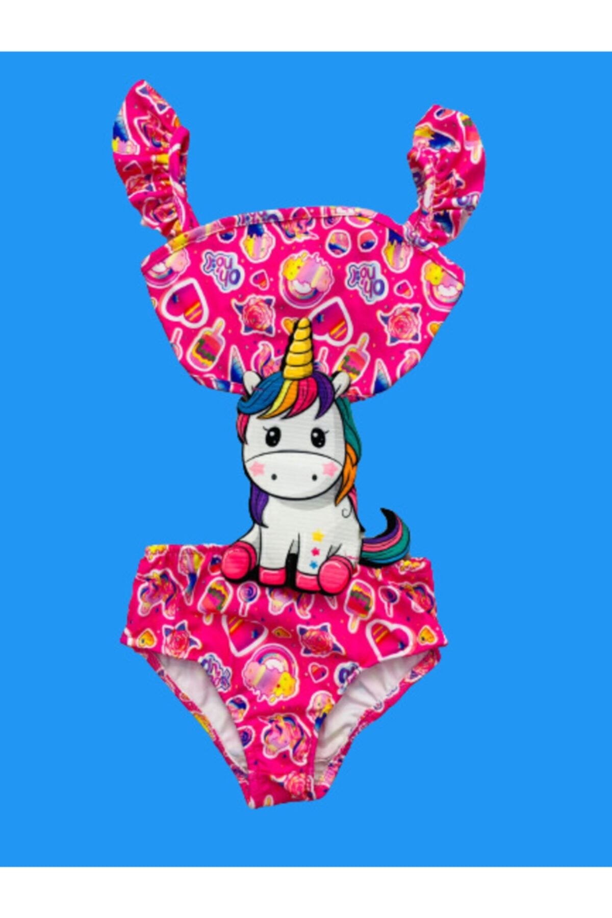 Lolliboomkids Kız Çocuk Mayokini Dondurma Unicorn Temalı Pembe Renk Kol Fırfırlı - Son Sezon Kostüm Mayo 2022