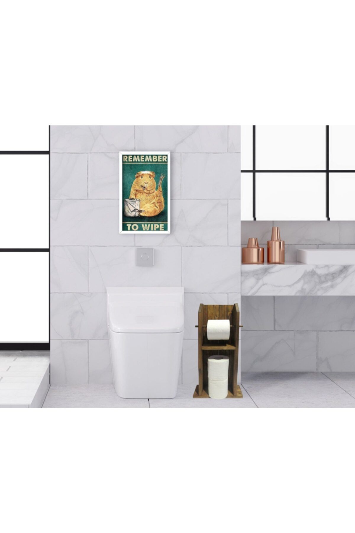 Bk Gift Home Doğal Masif Ahşap Tuvalet Kağıtlığı Ve Dekoratif Ahşap Beyaz Çerçeveli Tablo Seti-16