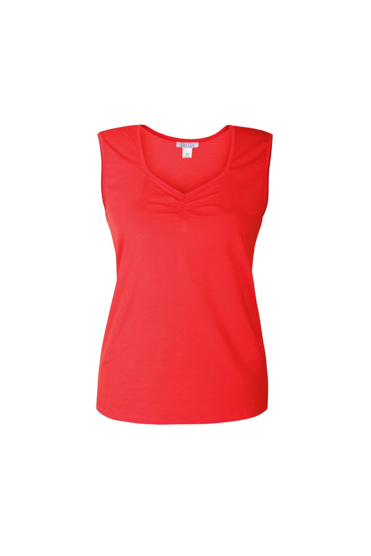 DCZ FASHION Kadın Kırmızı Yaka Detaylı Sıfır Kol T-shirt