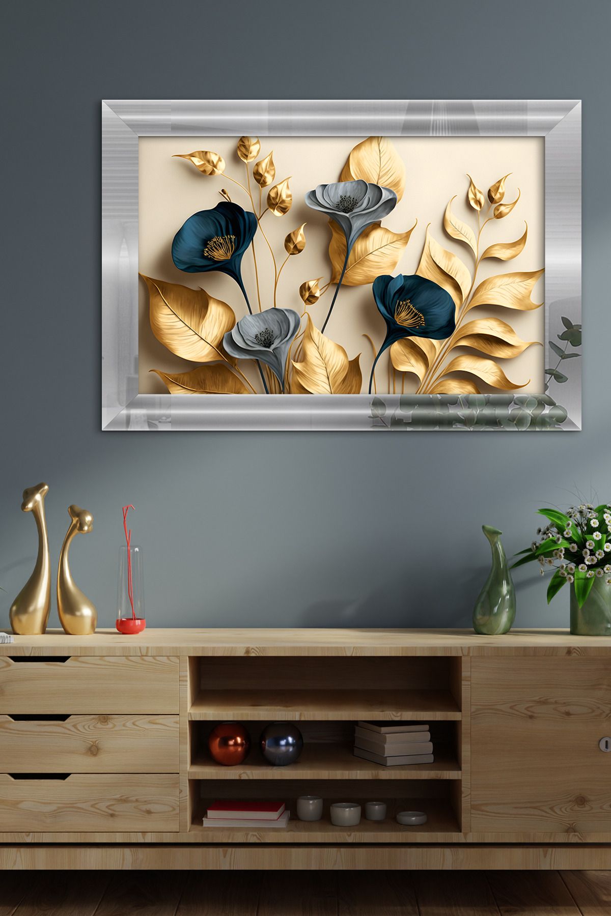 Evinemoda Zarif Gold Yapraklar ve Mavi Çiçekler ile Dallar Tek Parça Gümüş Pleksi Tablo