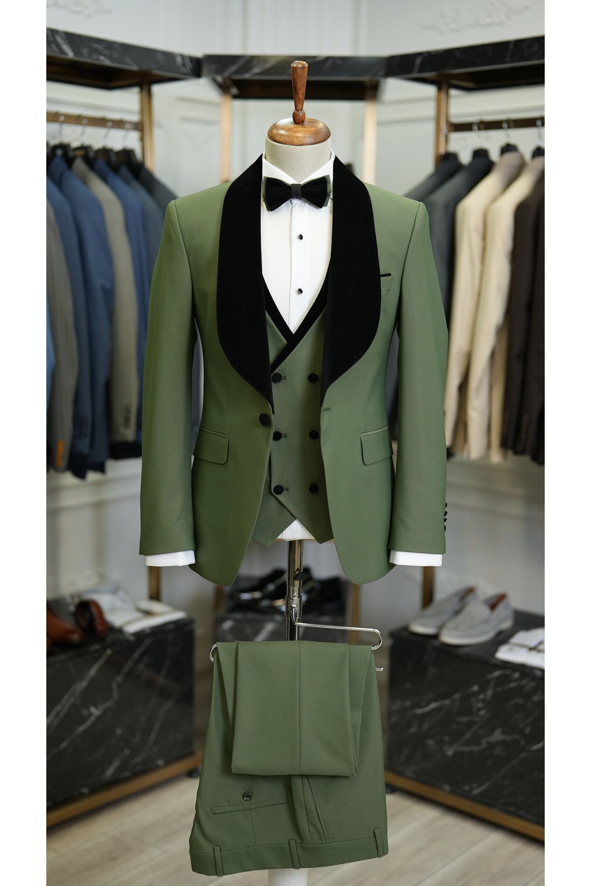 LONATOLİA Erkek Smokin Damatlık Geniş Şal Yaka İtalyan Stil Slim Fit Ceket Yelek Pantolon Papyon-Yeşil
