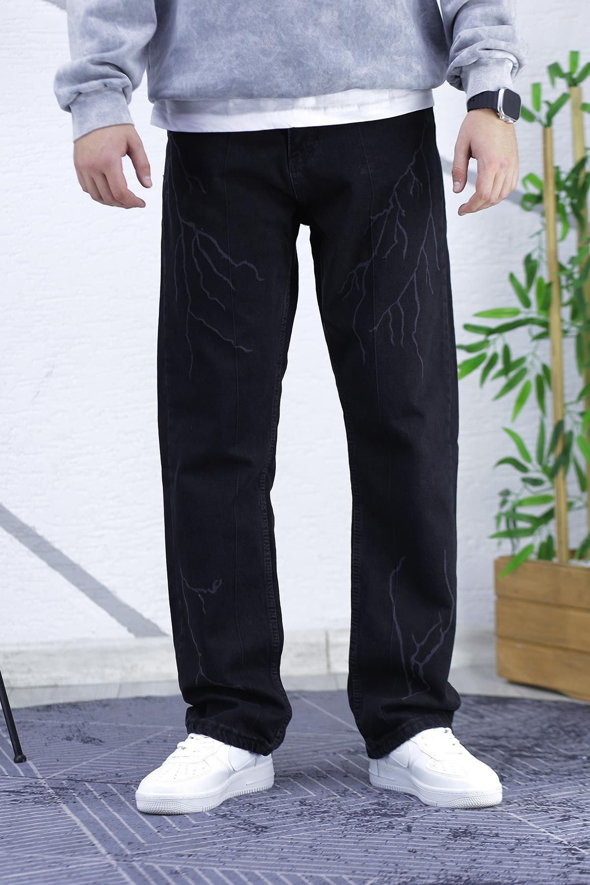 WAFRA Erkek Siyah Baggy Yıldırım Desenli Bol Kesim Kot Pantolon