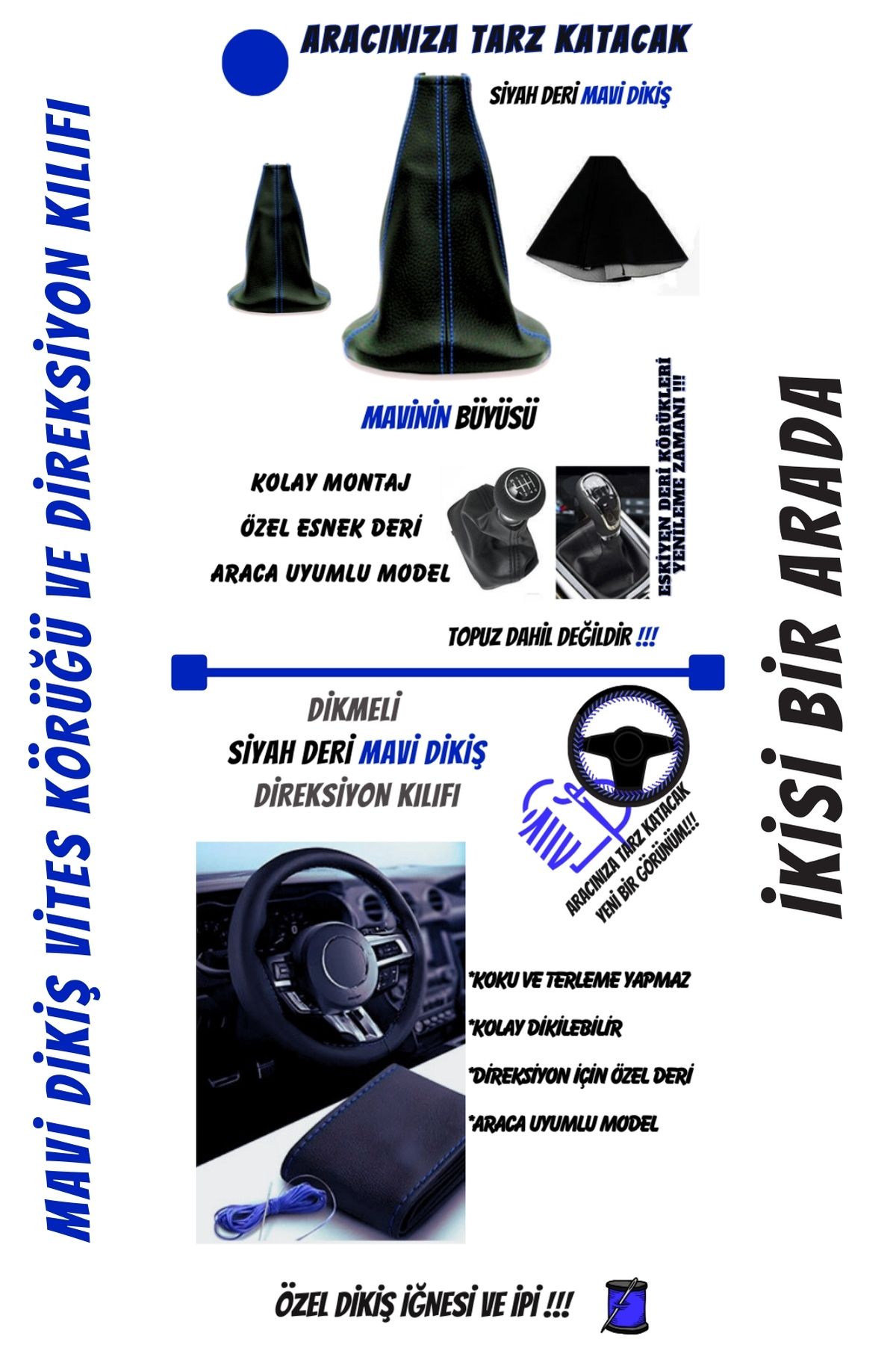 Galeria foradels Hyundai Getz 2002-2009 Uyumlu Direksiyon Kılıfı Ve Vites Körüğü Siyah Deri Mavi Nakışlı