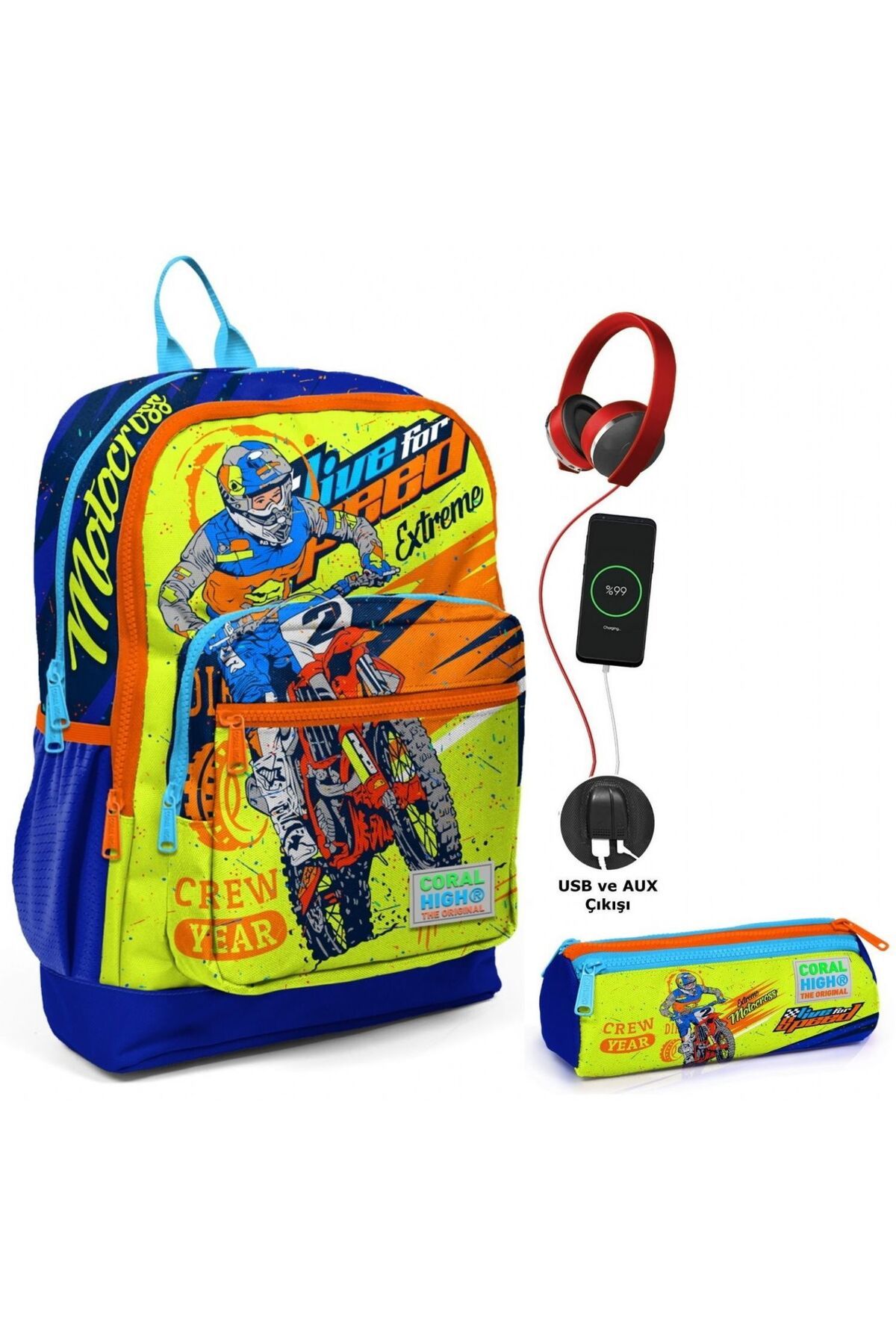 Coral High Sarı Mavi Motorsiklet Usb Soketli Okul Çantası Ve Kalemlik Seti - Erkek Çocuk