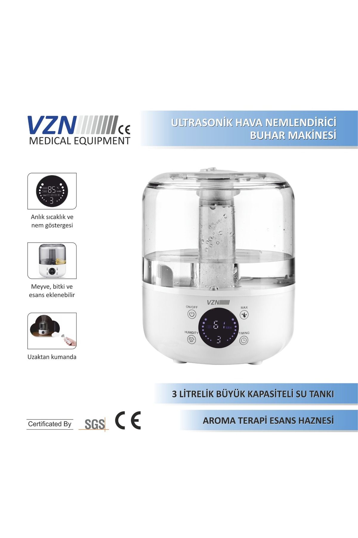 VZN Ultrasonik Hava Nemlendirici Buhar Makinesi Dijital Ekran, Akıllı Kumanda