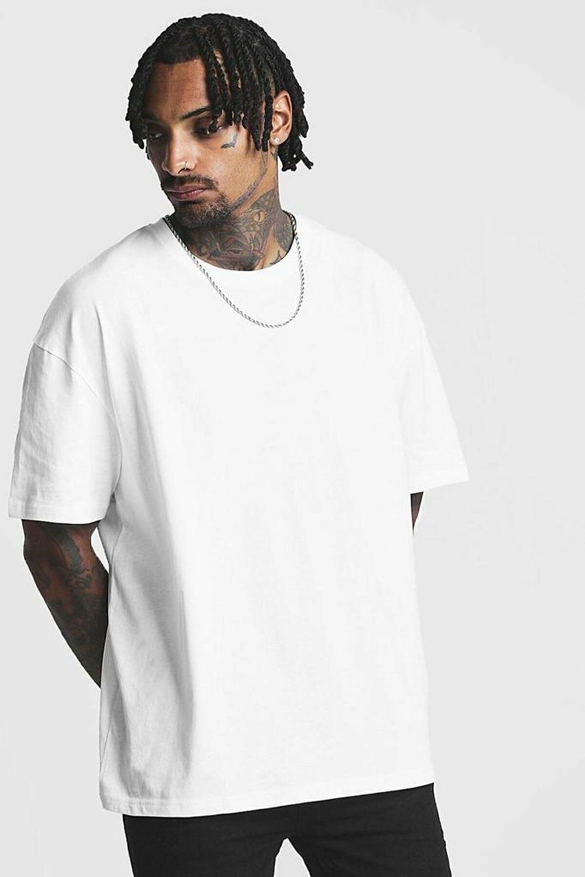 FANBOX SHOP Erkek Beyaz Düz Oversize T-shirt