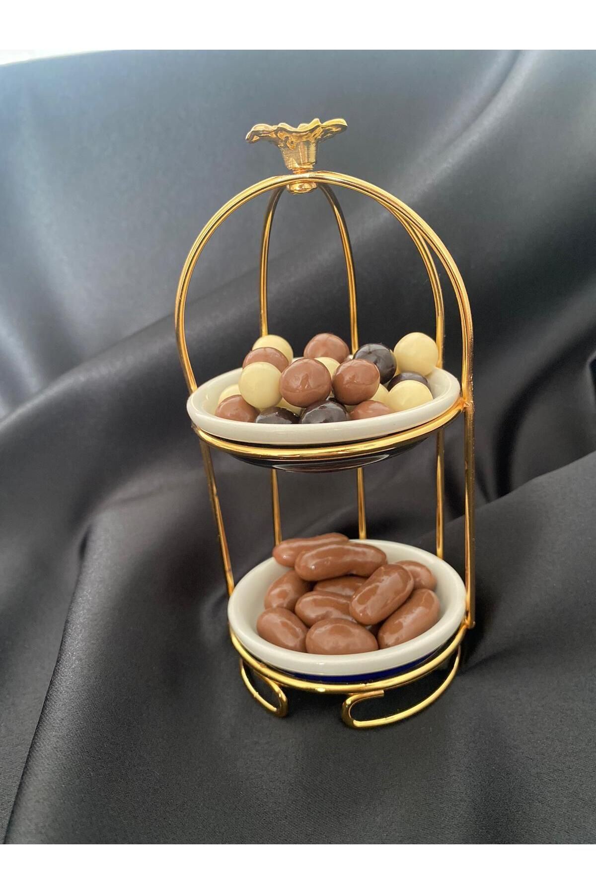 Hayveys 2 Katlı Gül Dekorlu Kafes Model Gold Mini Sunumluk Lokumluk Çerezlik Şekerlik Kahve Yanı Sunum Tabak