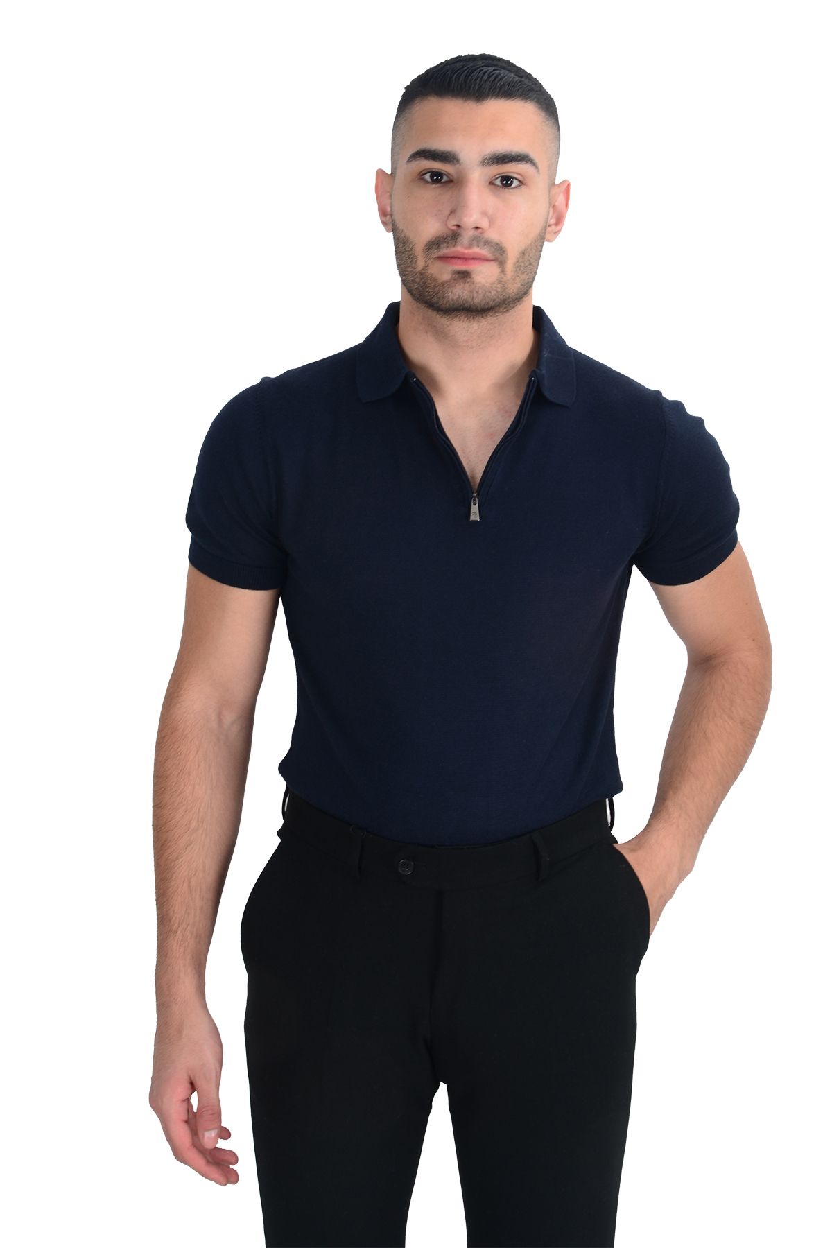 Cengiz İnler Cengiz Inler Yarım Fermuarlı Merserize Erkek Triko T-shirt