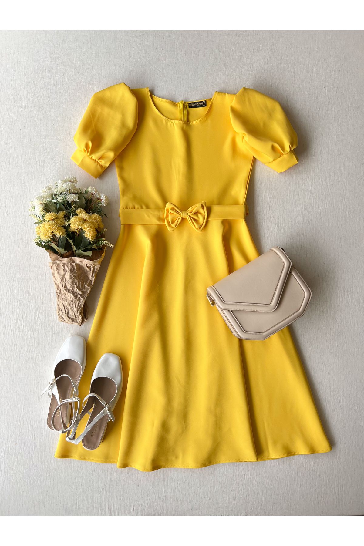 KÜÇÜĞÜM BUTİK Kadın Sarı Renk Karpuz Kollu Krep Midi Boy Kloş Elbise