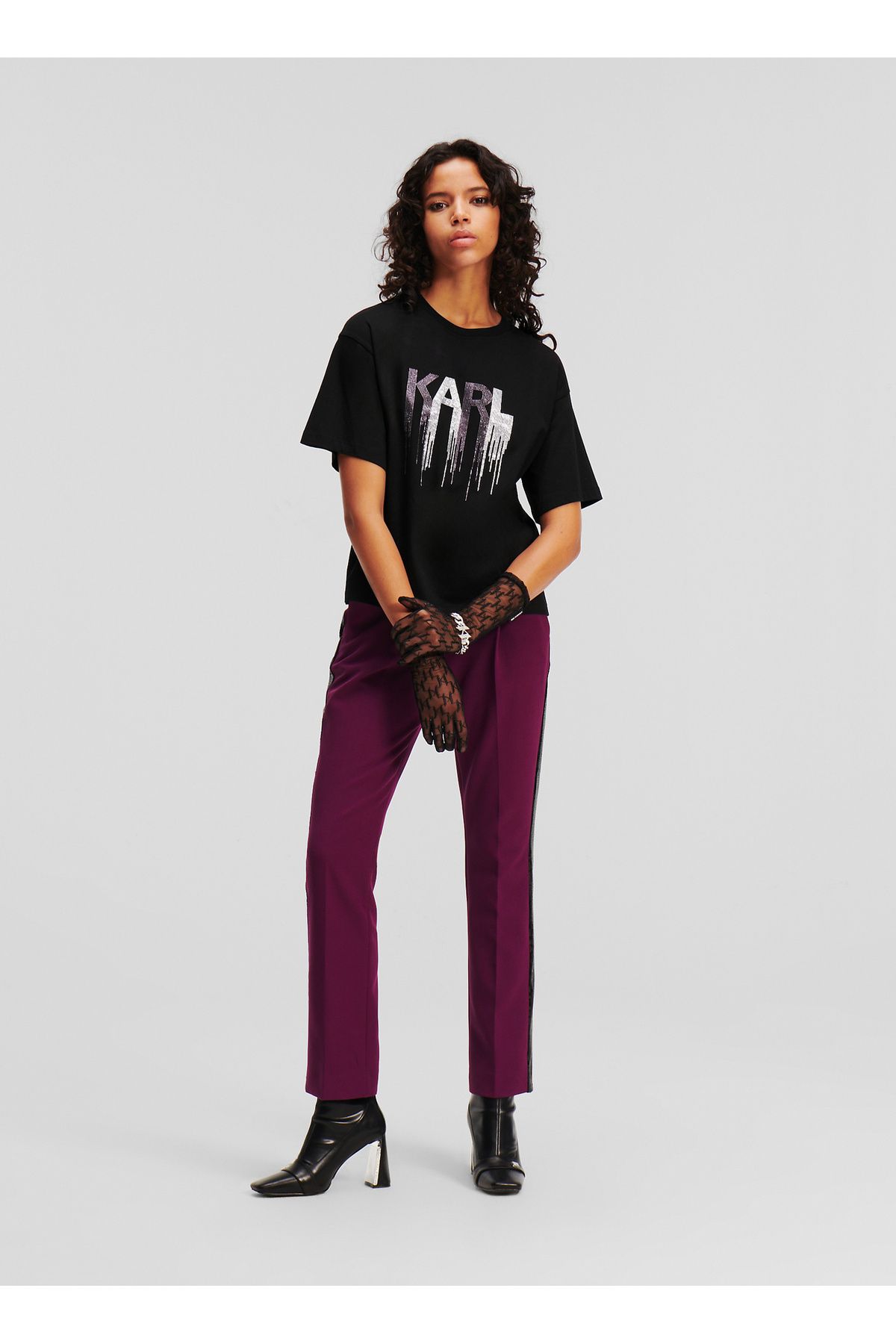 Karl Lagerfeld Bisiklet Yaka Baskılı Siyah Kadın T-Shirt 236W1714