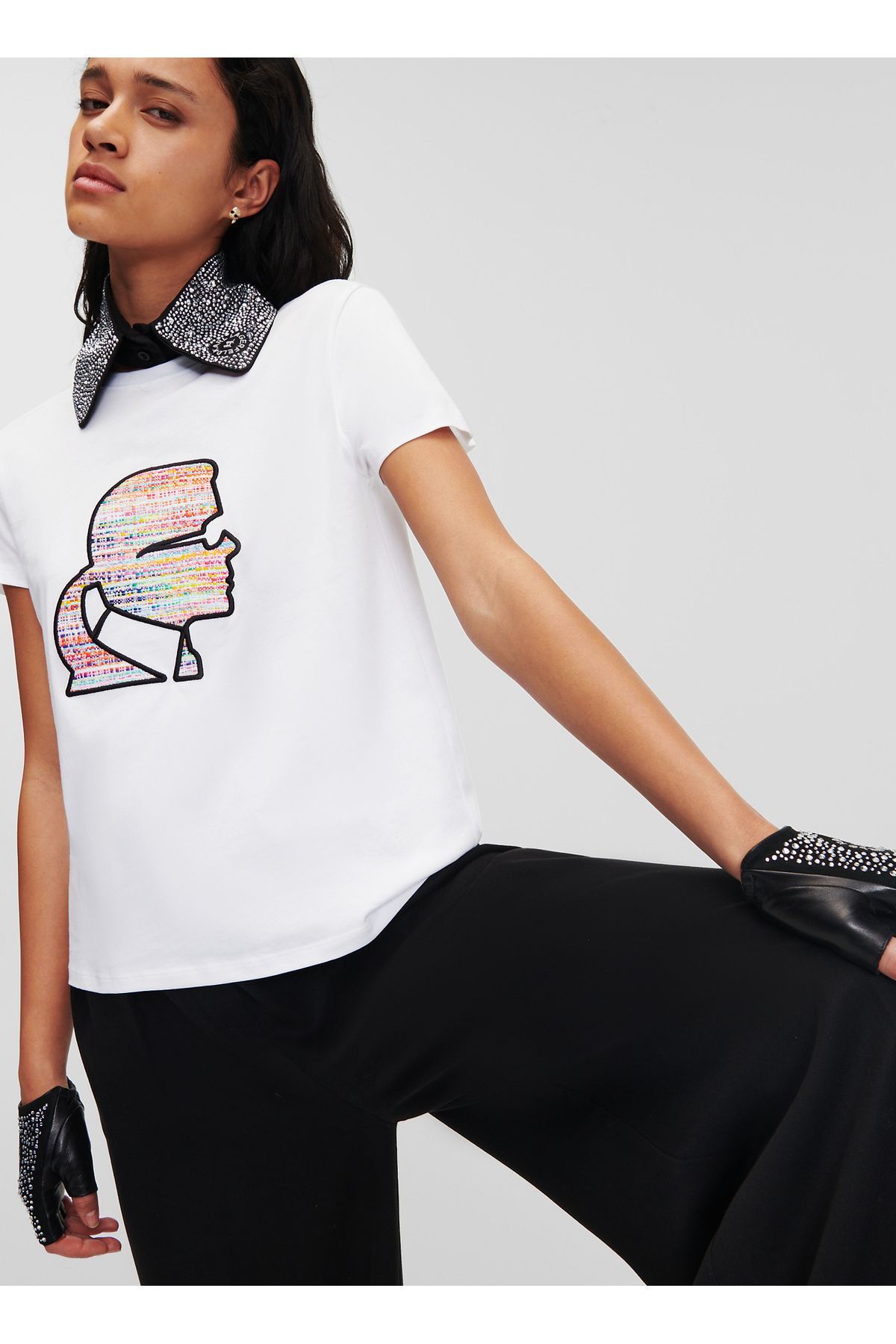 Karl Lagerfeld Bisiklet Yaka Baskılı Beyaz Kadın T-Shirt 235W1707