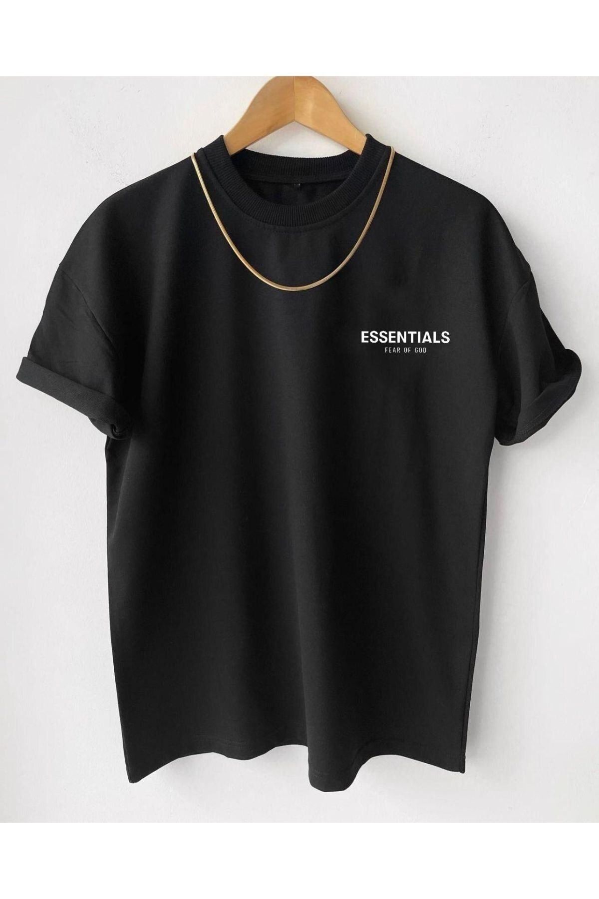 FANBOX SHOP Erkek Siyah Essentials Baskılı Oversize Bisiklet Yaka Kısa Kollu T-shirt