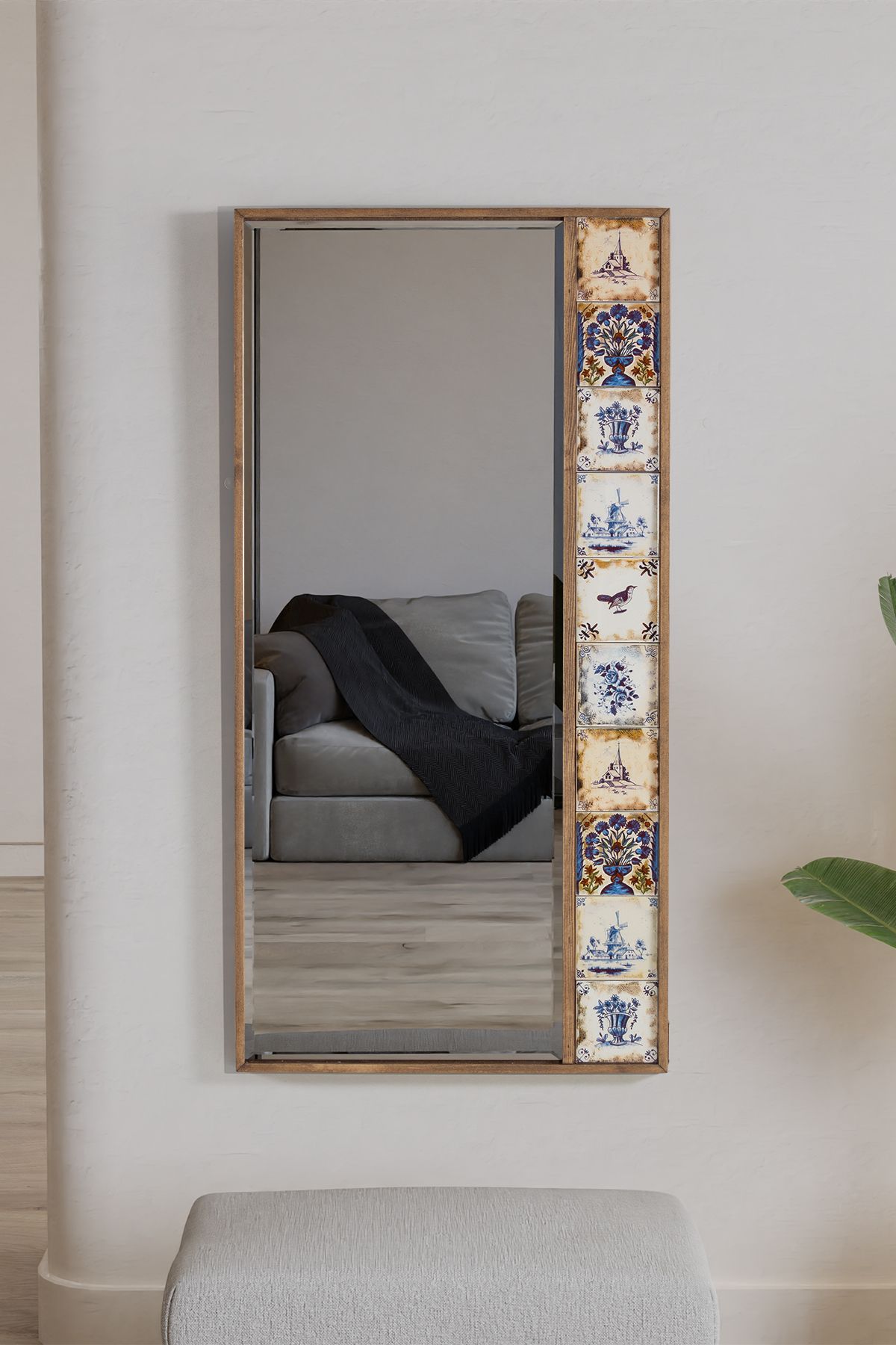 bluecape Selanik Çini Seramik 50x100 Cm Doğal Ağaç Çerçeveli Salon Ofis Mutfak Duvar Konsol Boy Aynası
