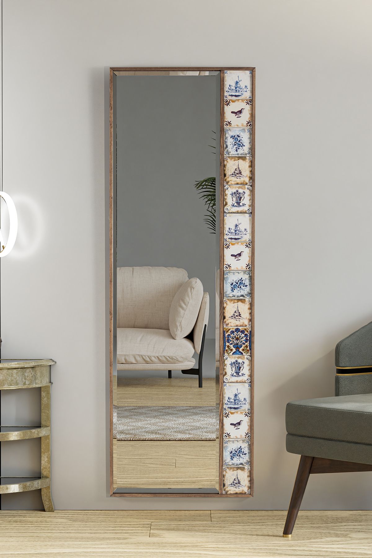 bluecape Selanik Çini Seramik 50x148 Cm Doğal Ağaç Çerçeveli Salon Ofis Mutfak Duvar Konsol Boy Aynası