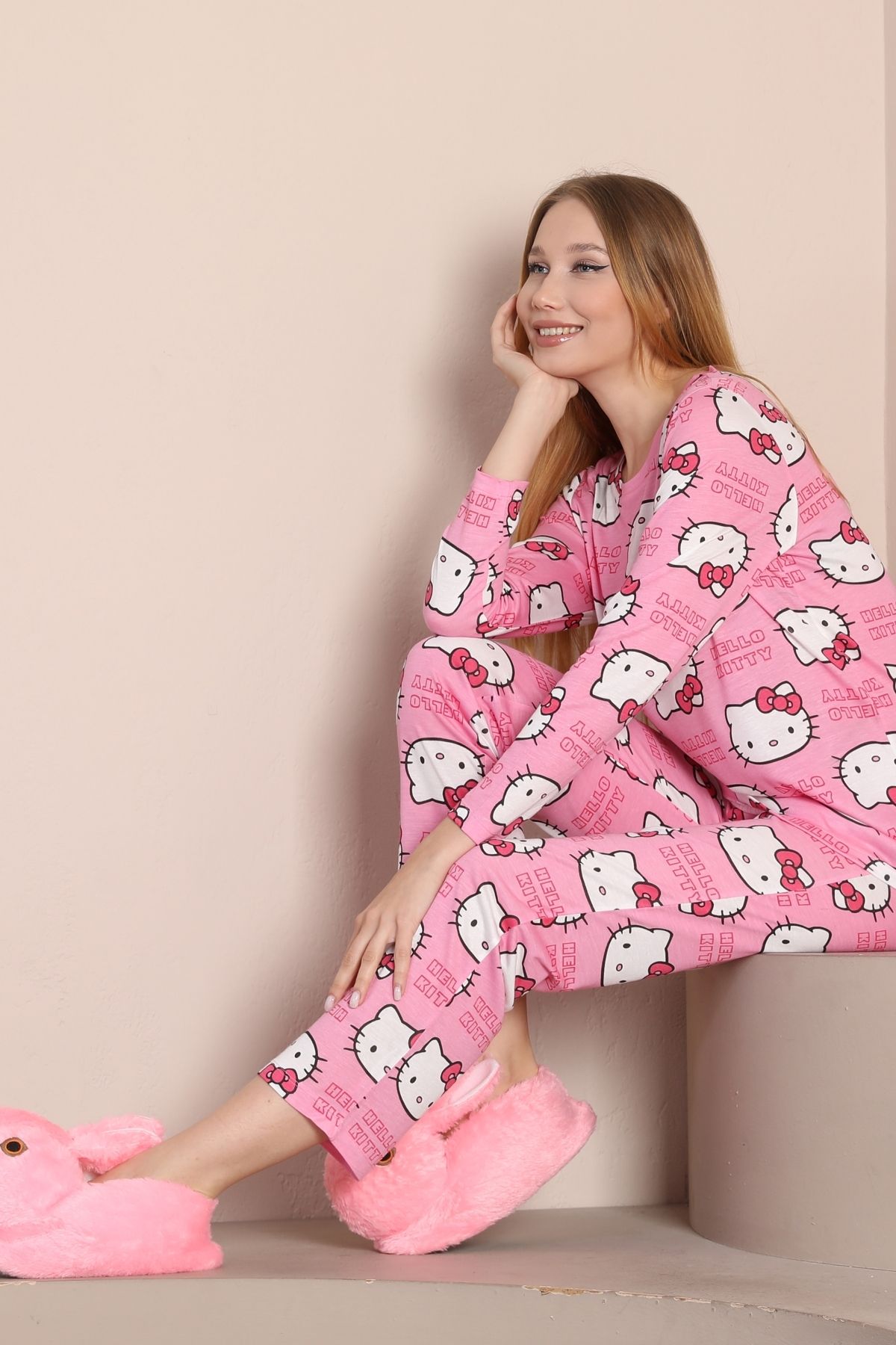 Seamoda Büyük Beden Kadın Rahat Hello Kitty Desenli Pembe Uzun Kol %100 Pamuk Pijama
