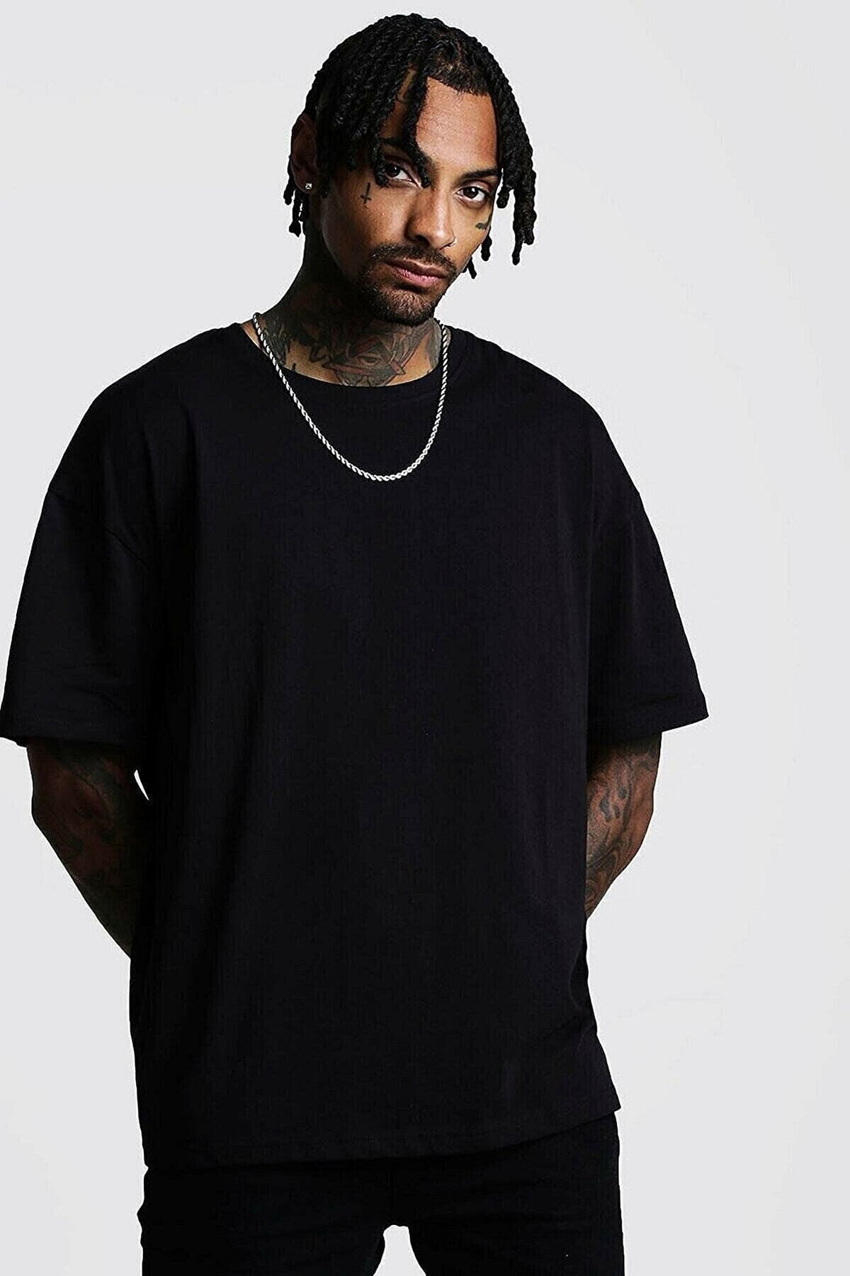 FANBOX SHOP Erkek Siyah Düz Oversize T-shirt