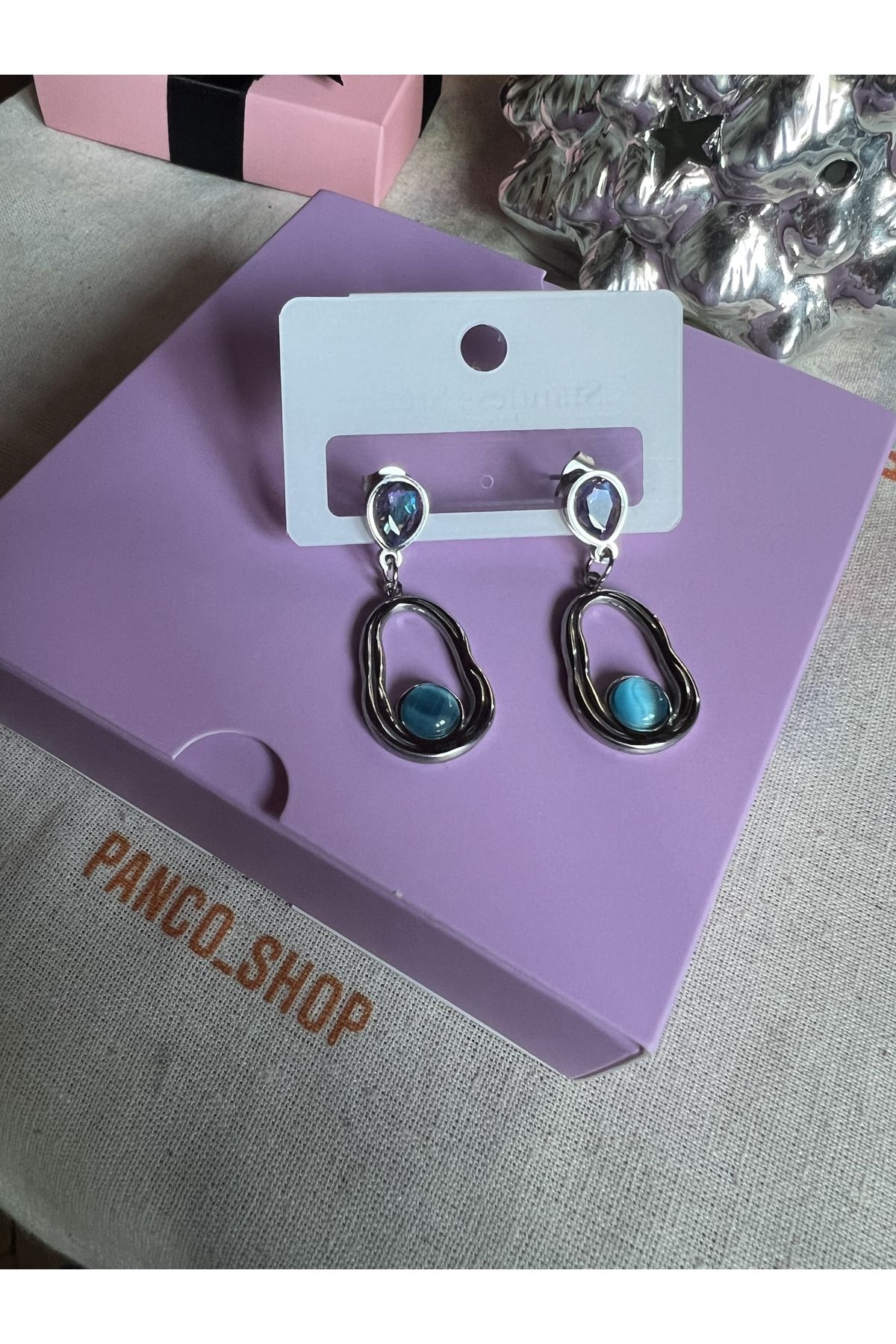 PANCO SHOP ACCESSORIES JEWELRY Mavi taşlı gümüş küpe otantik geometrik Modern Kadınlar için moda küpe zirkon Şık