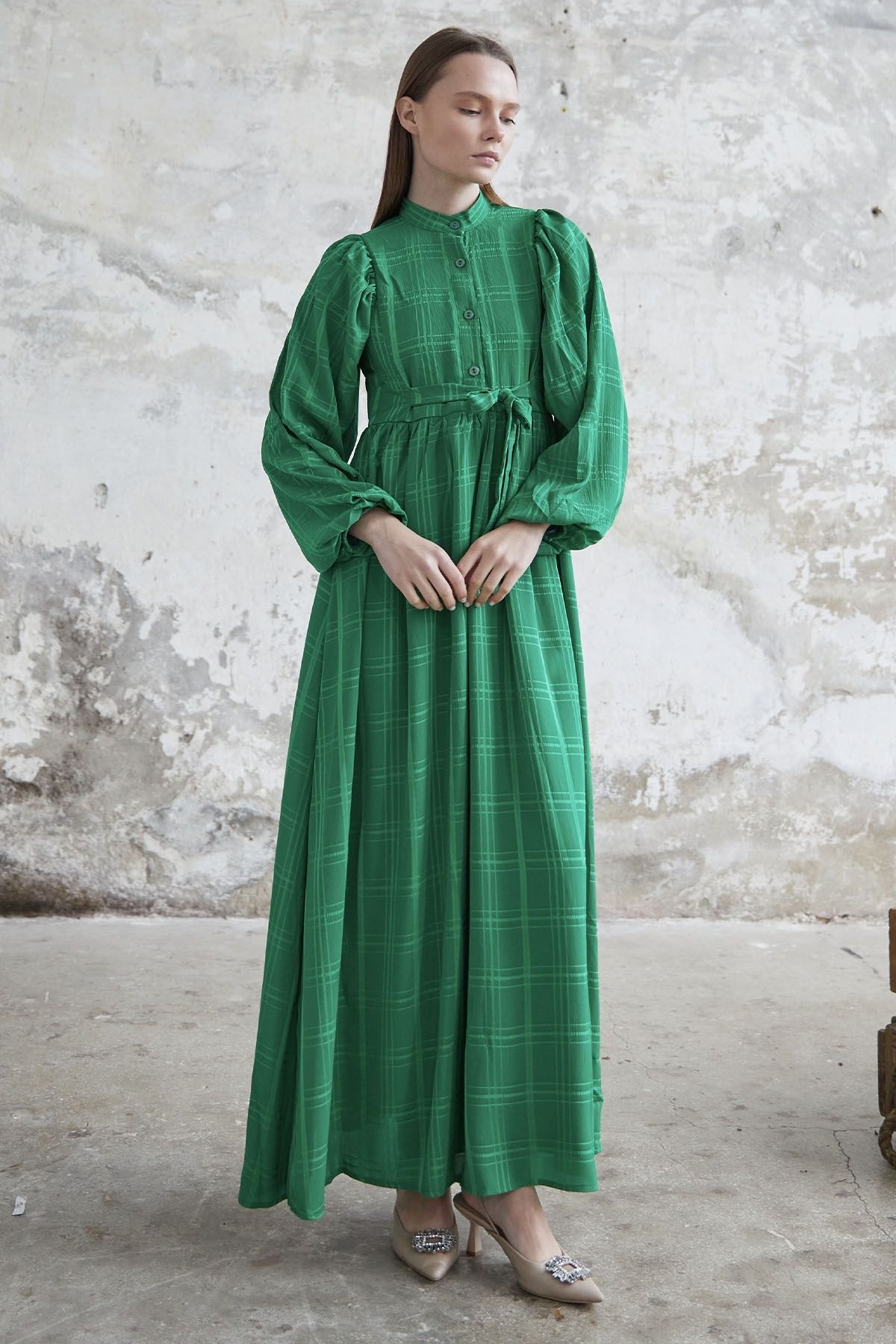 InStyle Kendinden Kuşaklı Desenli Elbise - Yeşil